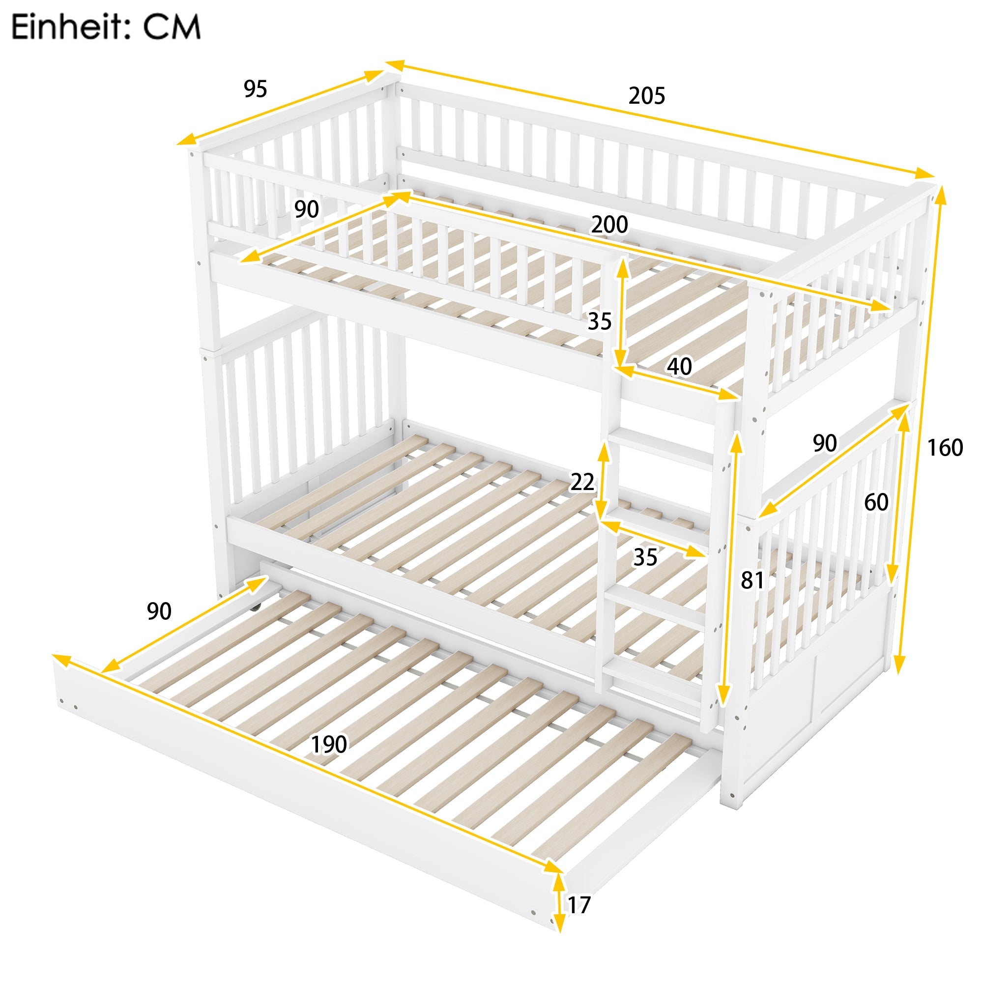 Triple Bunk Bed 90x200cm with Pull-Out Bed High Railings Sturdy Staircase White