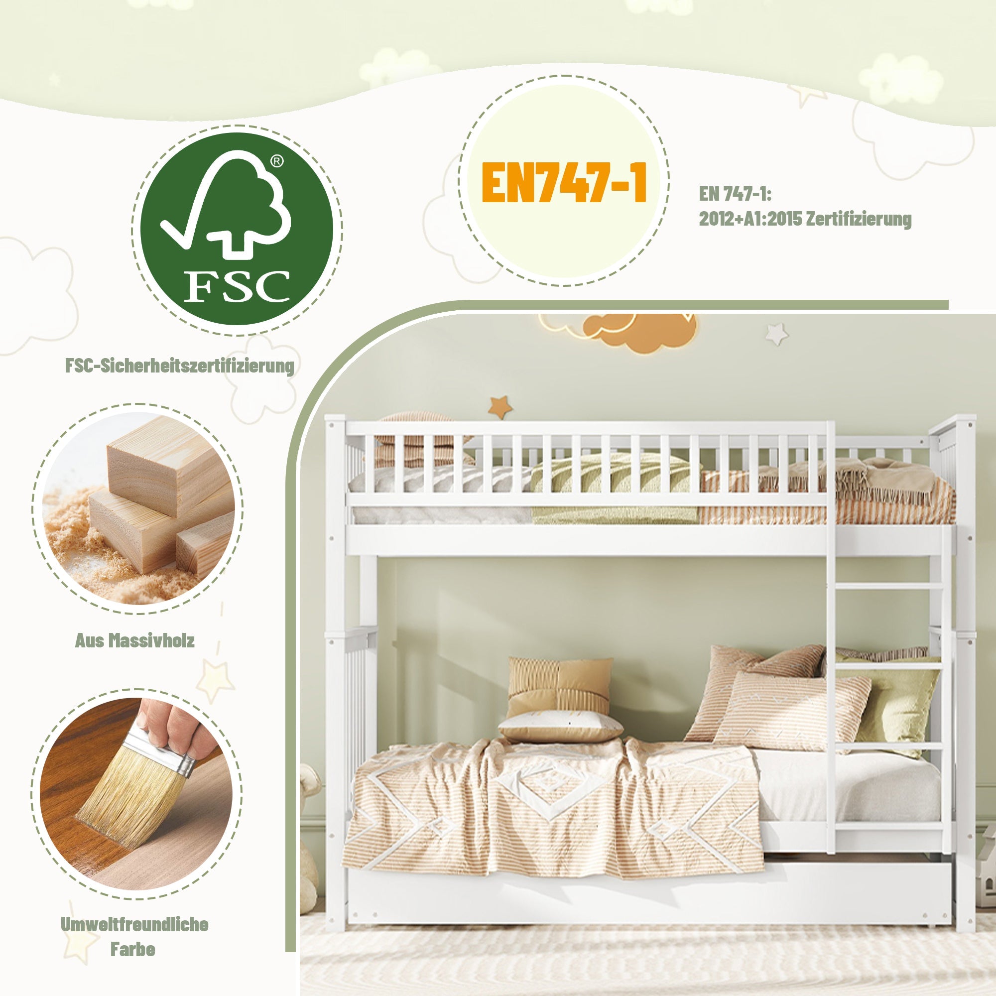 Triple Bunk Bed 90x200cm with Pull-Out Bed High Railings Sturdy Staircase White