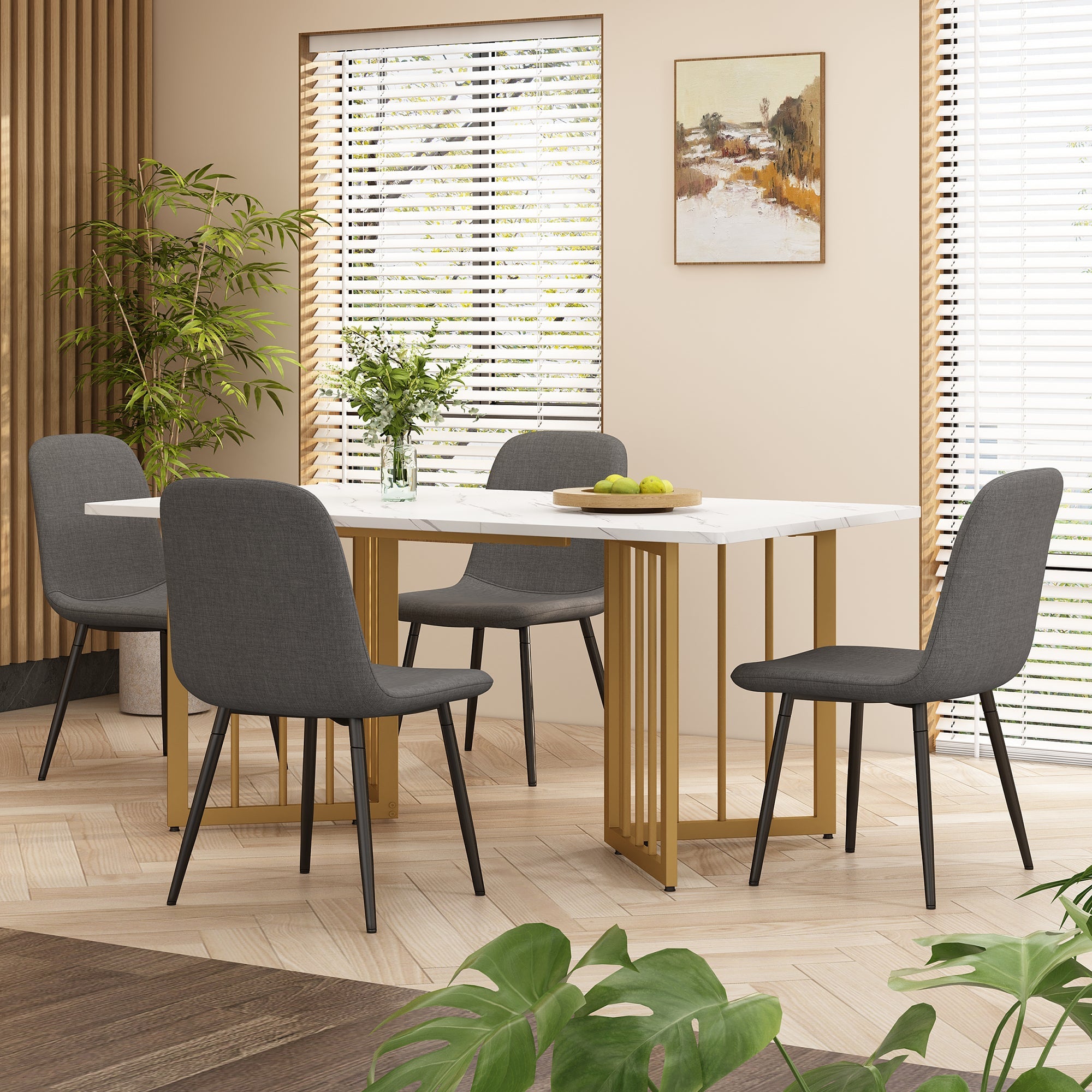 Dining Set (5-Piece), Table with 4 Modern Chairs, Metal Legs, Grey Linen
