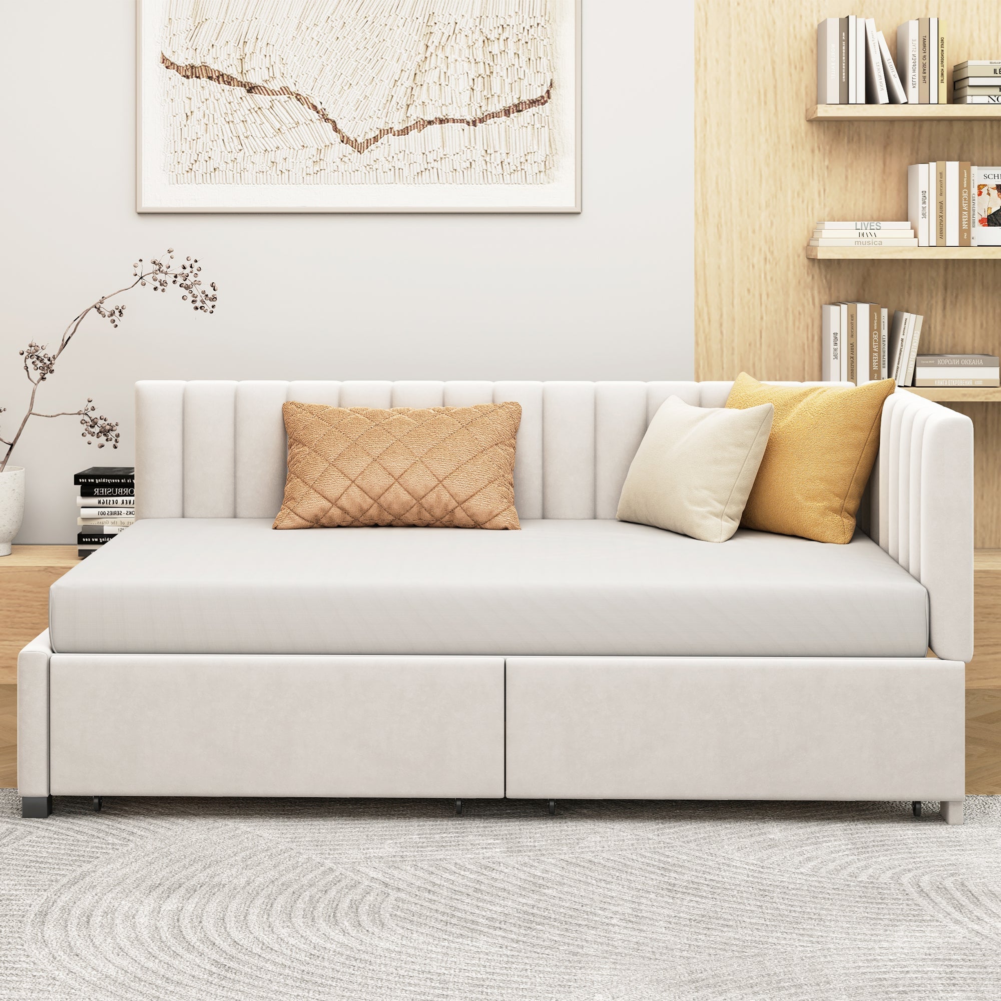 Upholstered Bed Sofa, 90x200 Multifunctional with 2 Drawers, Velvet Beige