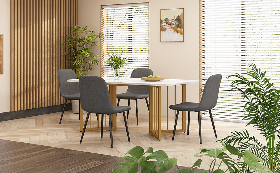 Dining Set (5-Piece), Table with 4 Modern Chairs, Metal Legs, Grey Linen