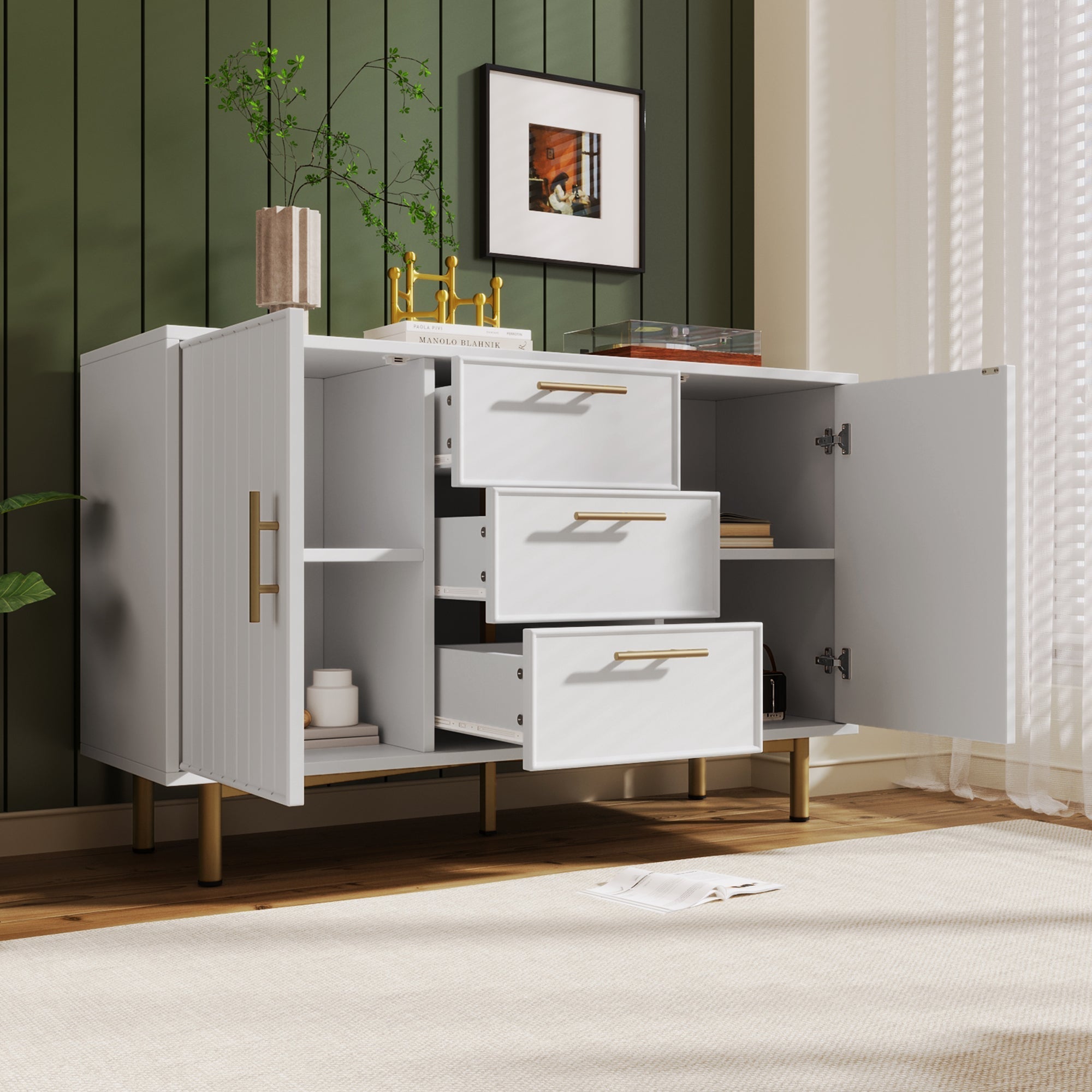 Chest of Drawers, 2 Doors, 3 Drawers, Adjustable Shelf, White
