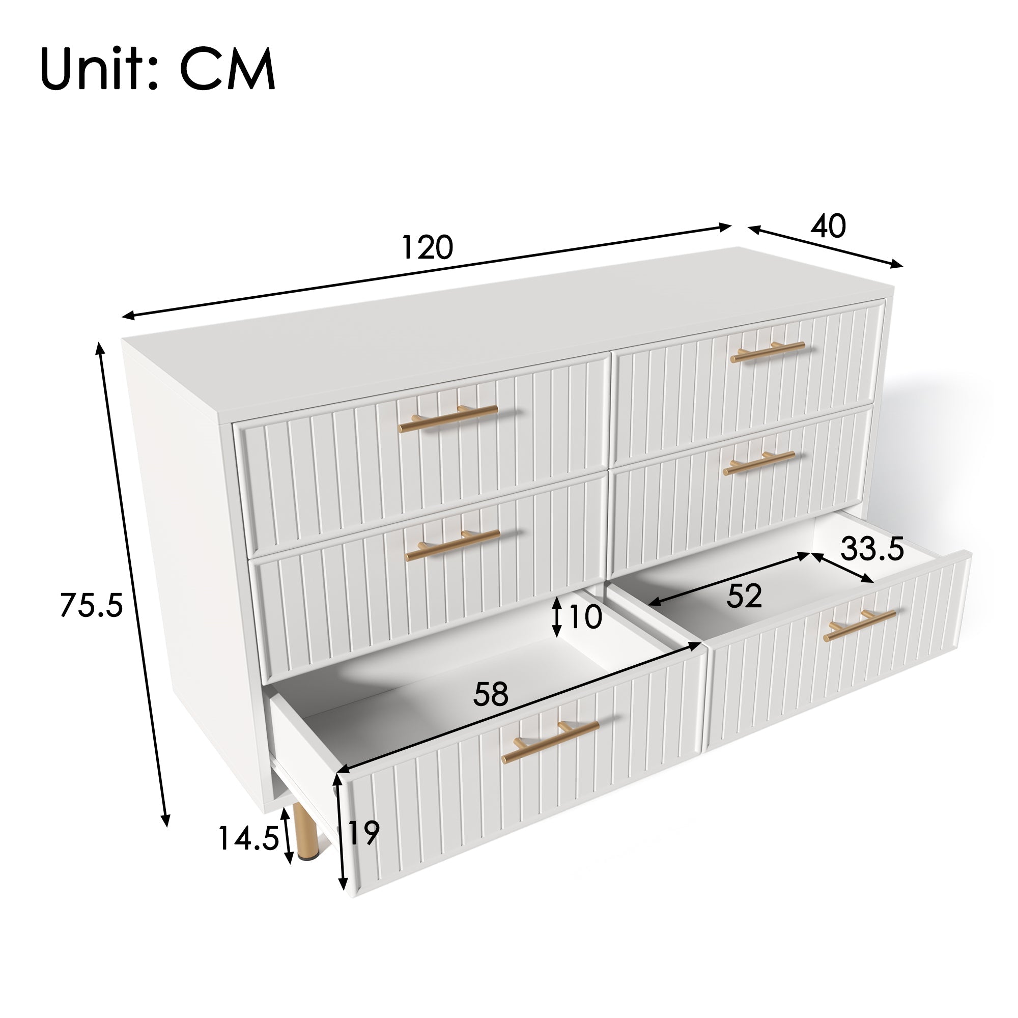 Sideboard Cabinet for Living Room, Chest of 6 Drawers, White, 40D x 120W x 75H CM