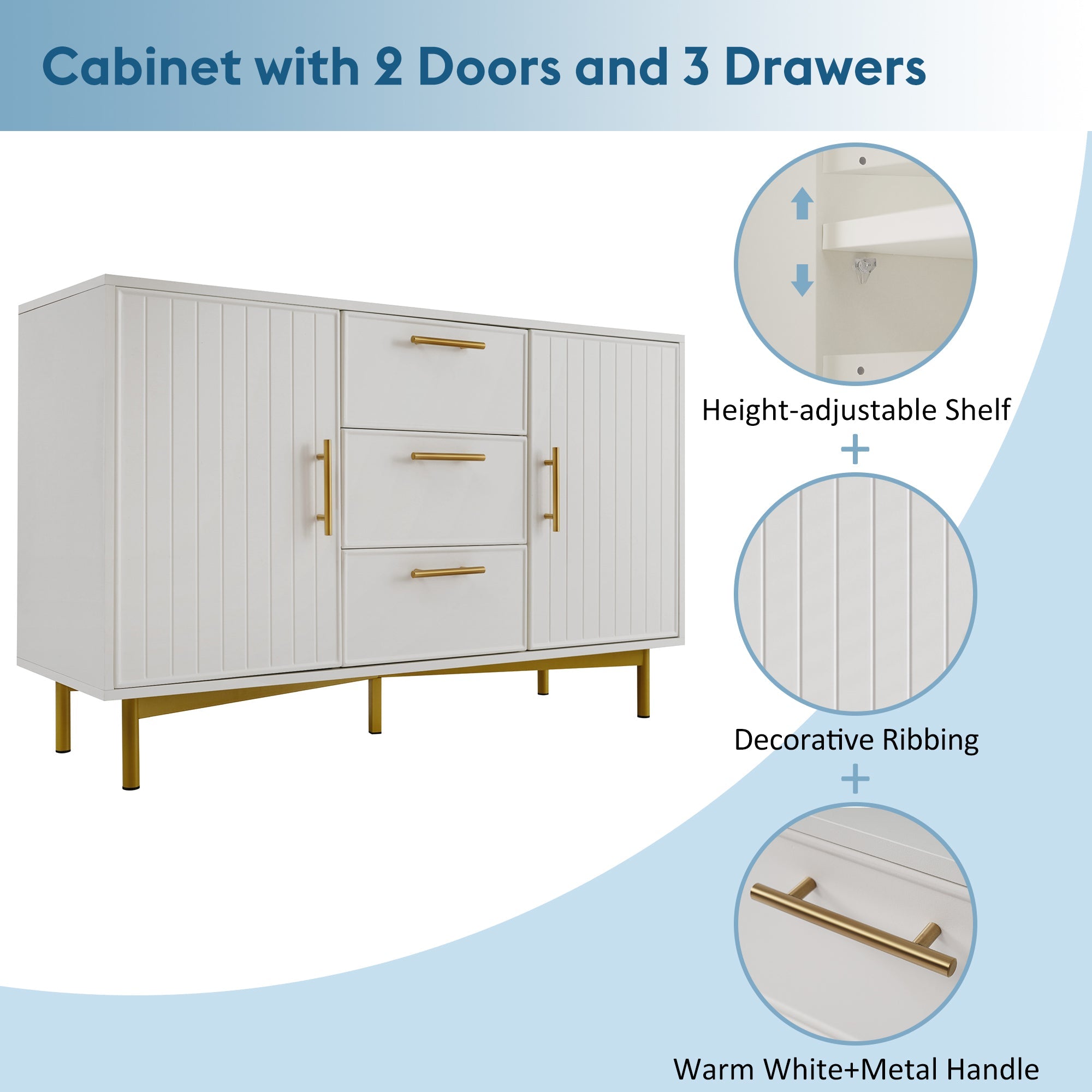 Sideboard Cabinet for Living Room, Chest of Drawers with 2 Doors & 3 Drawers, Adjustable Shelf, White