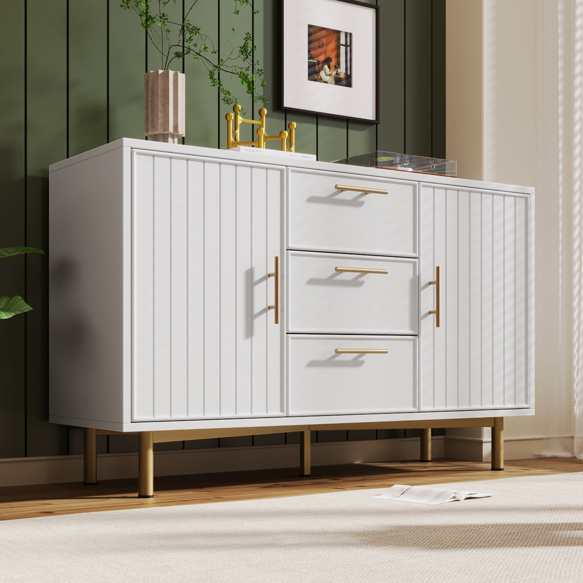 Chest of Drawers, 2 Doors, 3 Drawers, Adjustable Shelf, White
