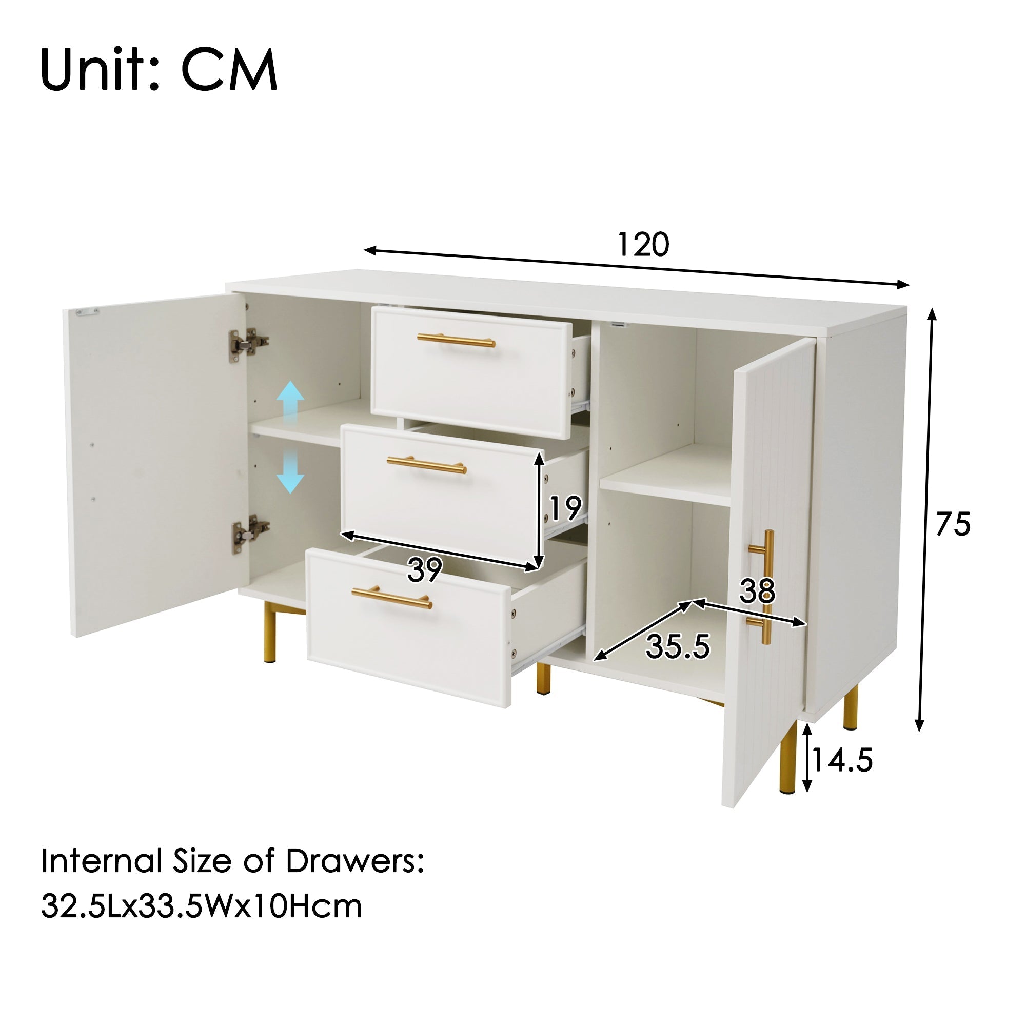 Sideboard Cabinet for Living Room, Chest of Drawers with 2 Doors & 3 Drawers, Adjustable Shelf, White