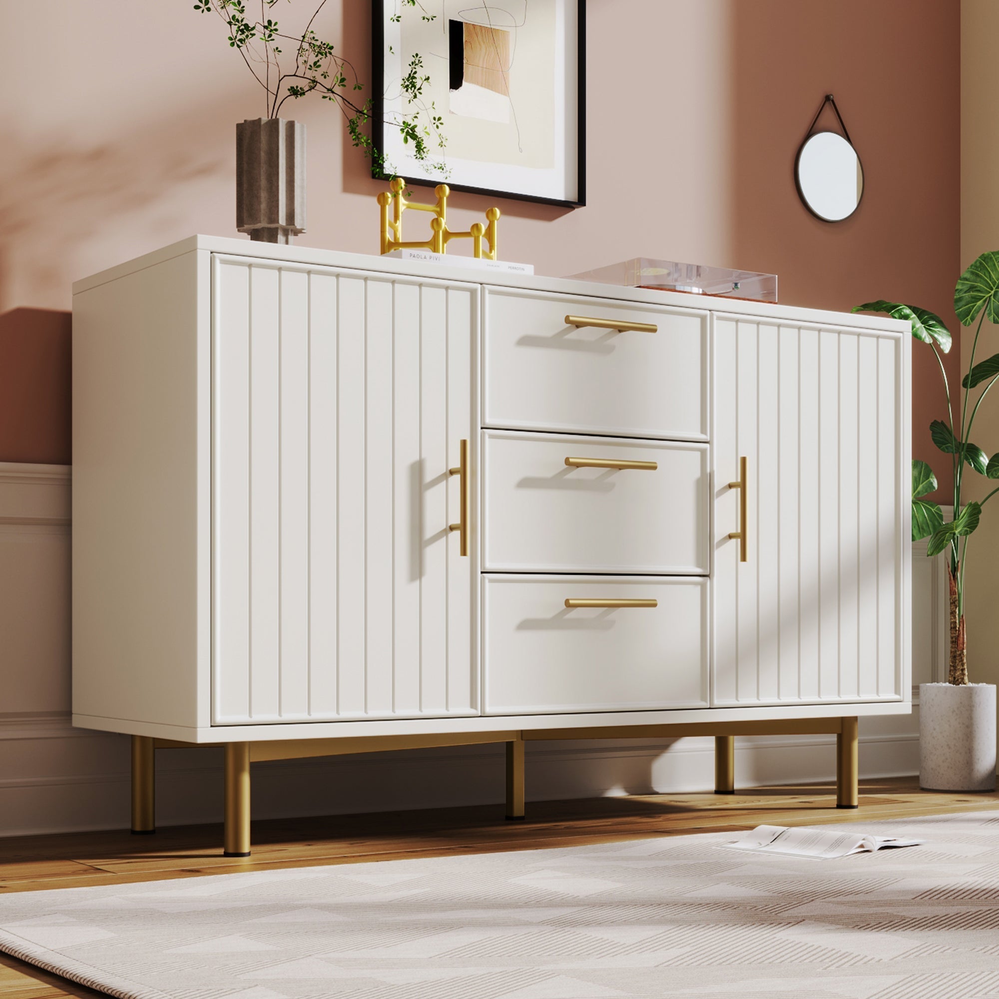 Chest of Drawers, 2 Doors, 3 Drawers, Adjustable Shelf, White