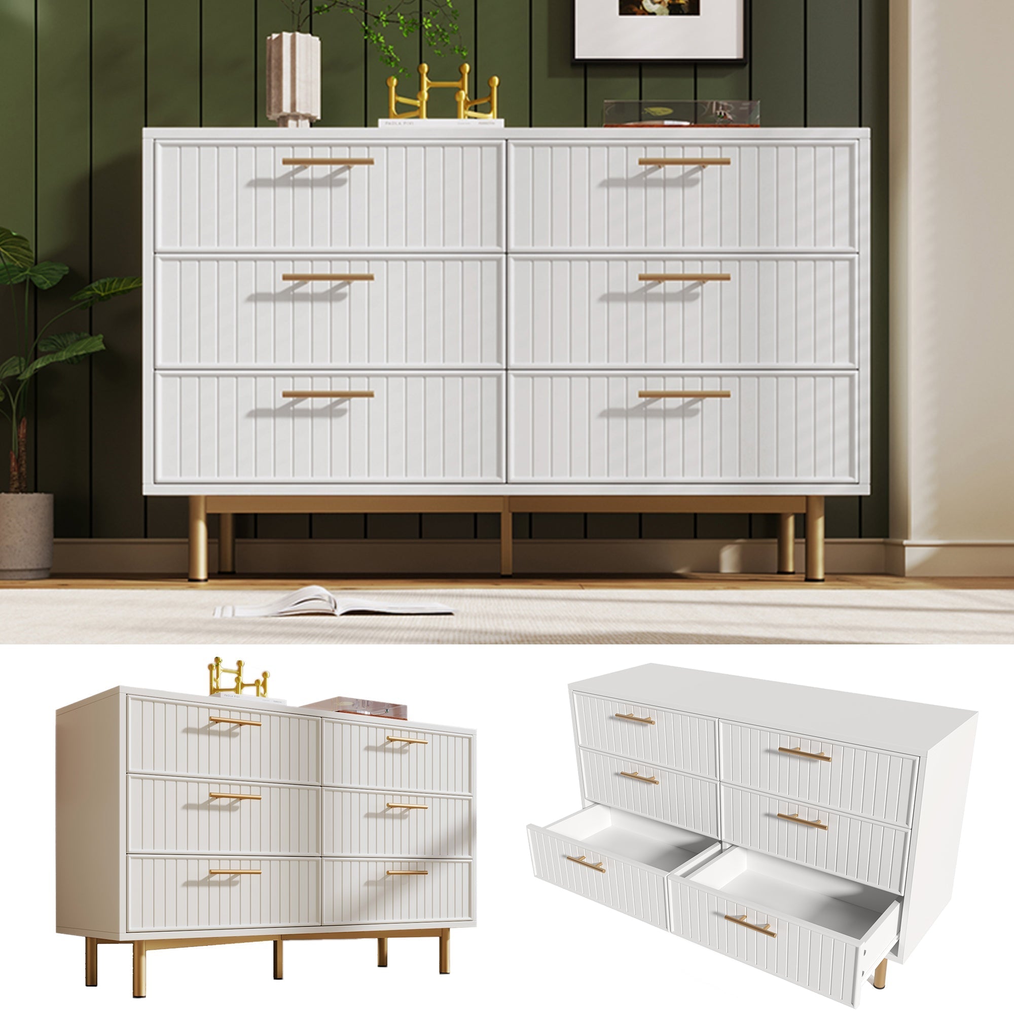 Sideboard Cabinet for Living Room, Chest of 6 Drawers, White, 40D x 120W x 75H CM