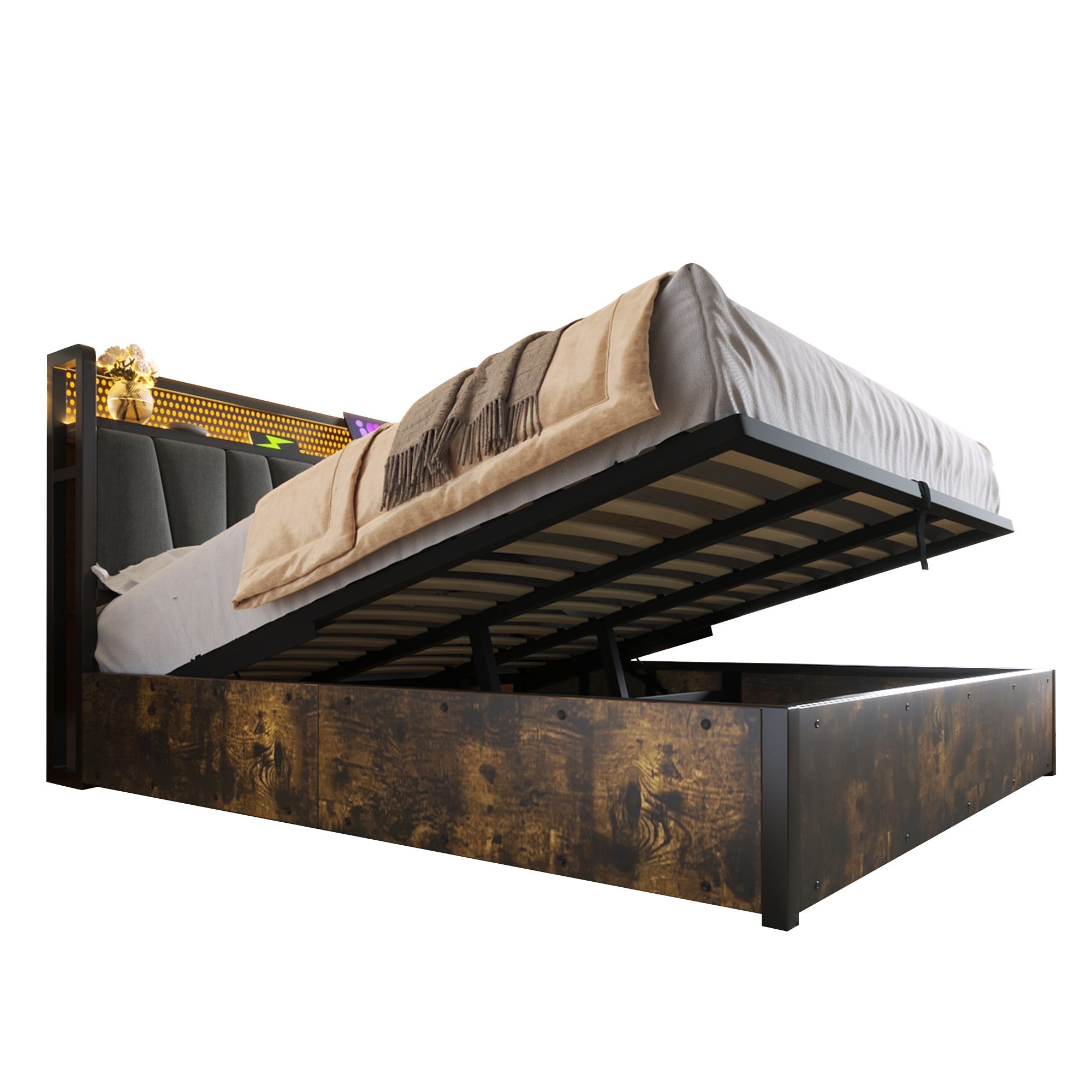 Upholstered Metal Bed, LED App-Control, USB Charging, 160x200cm, Gray
