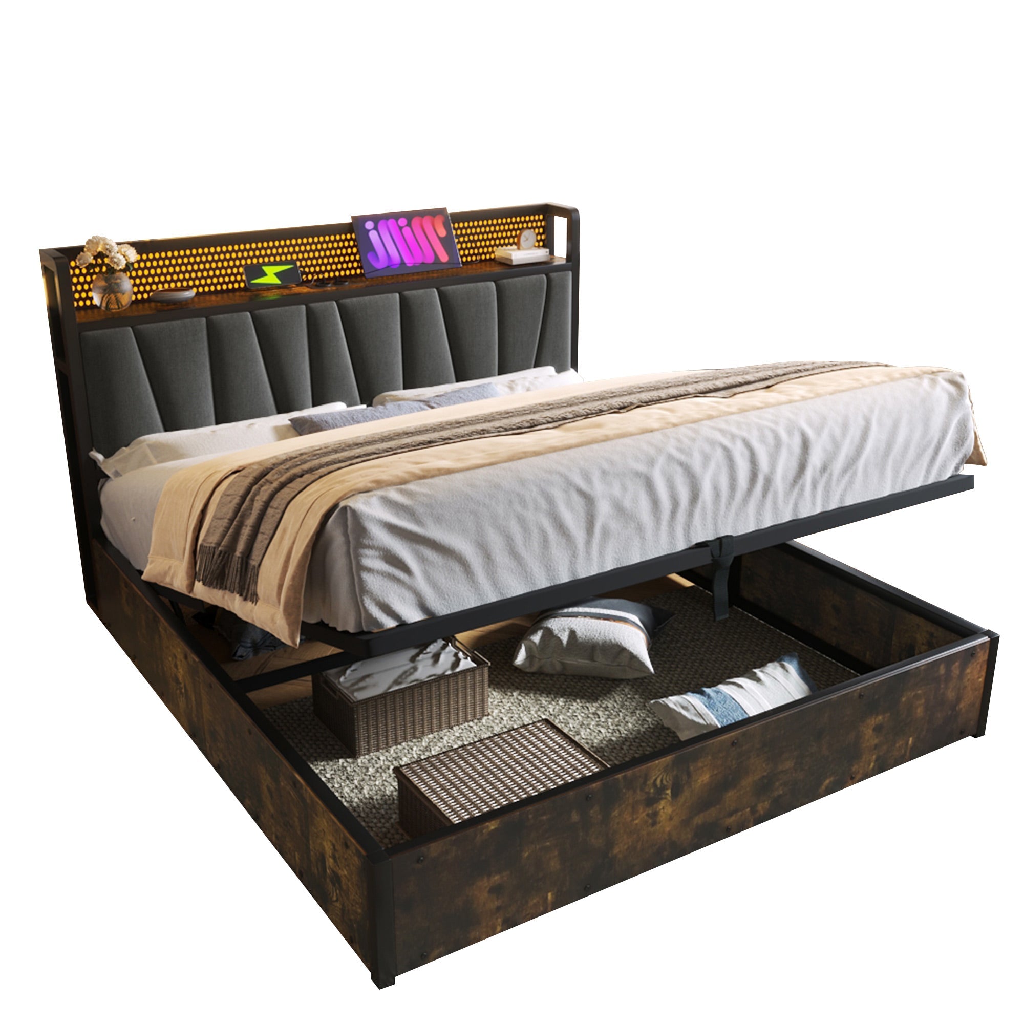 Upholstered Metal Bed with LED App Control, USB Charging and Headboard, 180x200cm, Grey