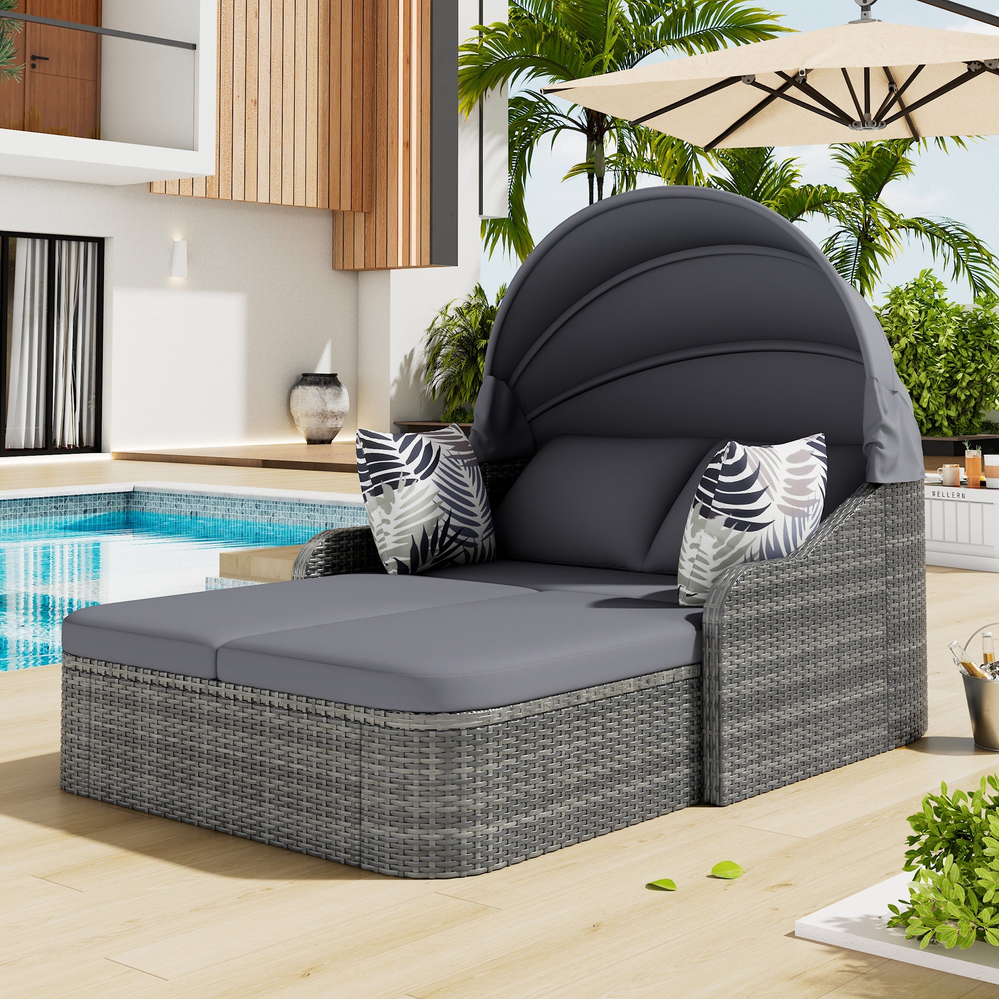 Sun Island Garden Lounge Set, PE Rattan Double Lounge Adjustable Canopy with 4 Cushions, Grey