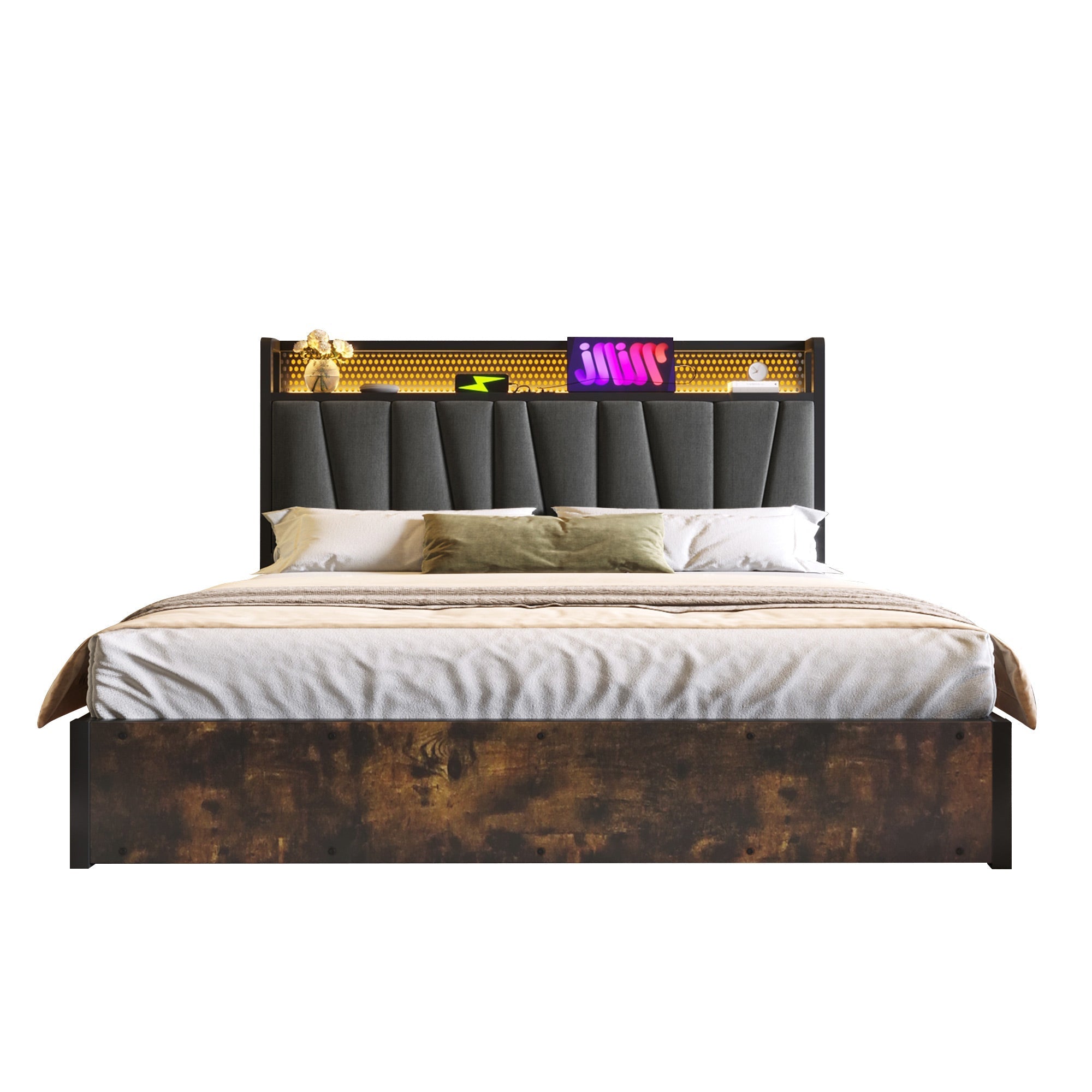 Upholstered Metal Bed, LED App-Control, USB Charging, 160x200cm, Gray