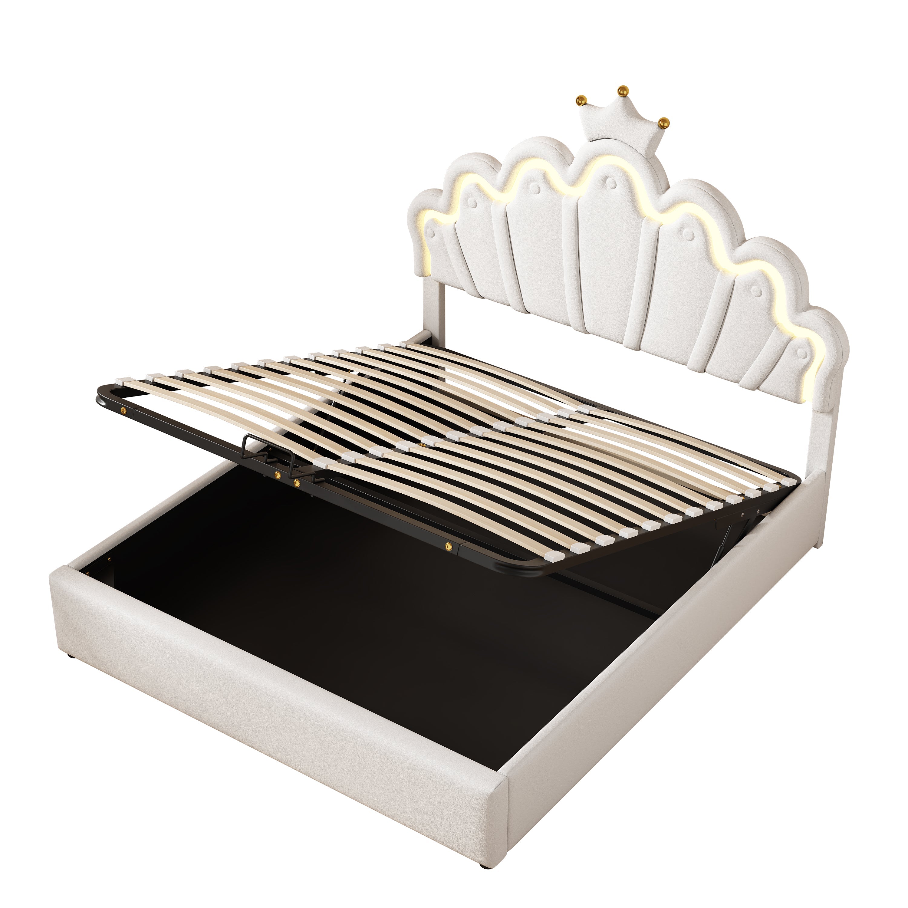 Princess Upholstered Bed 140x200cm Adjustable LED Lighting Crown Rail - White