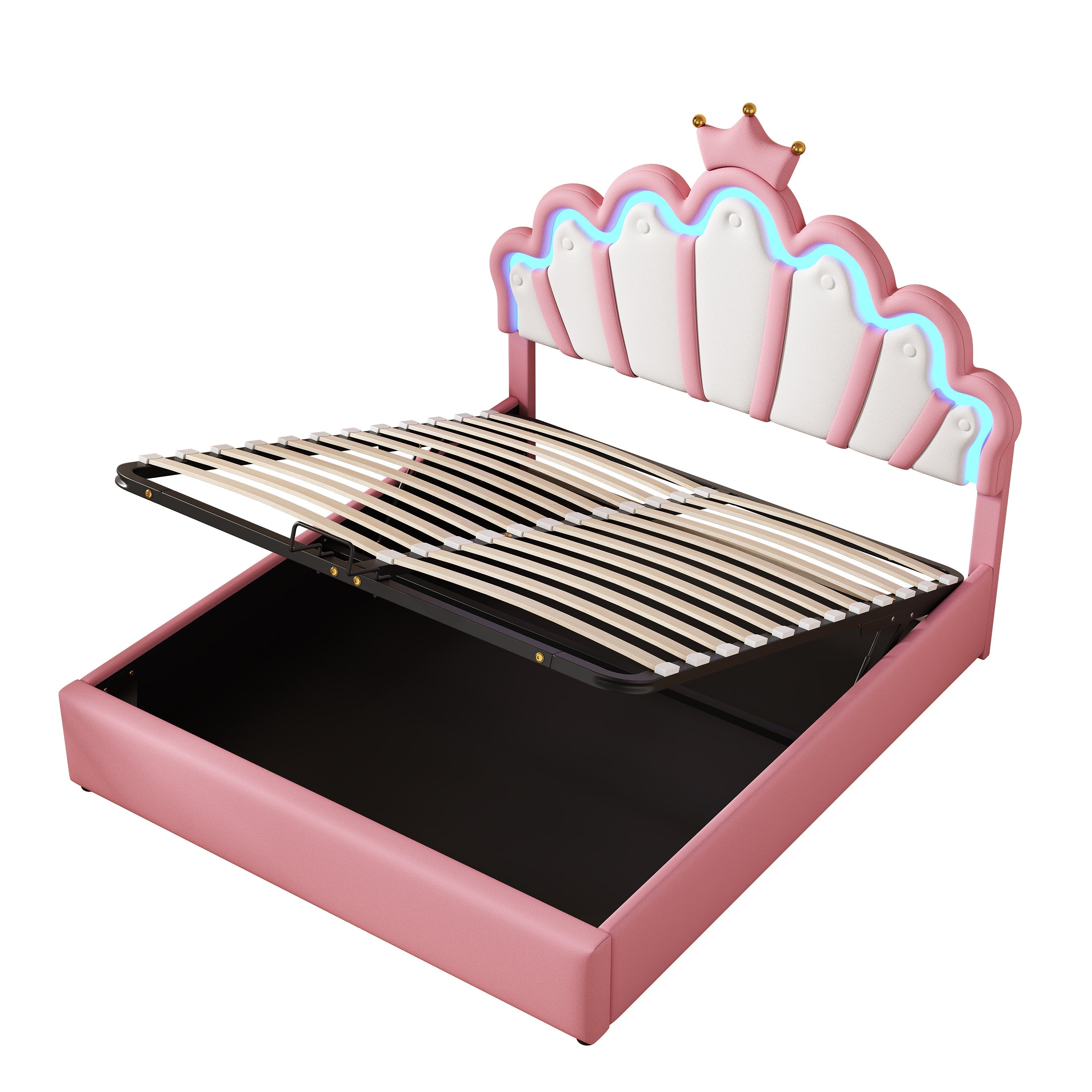 Princess Upholstered Bed 140x200cm Adjustable LED Crown Rail - Pink