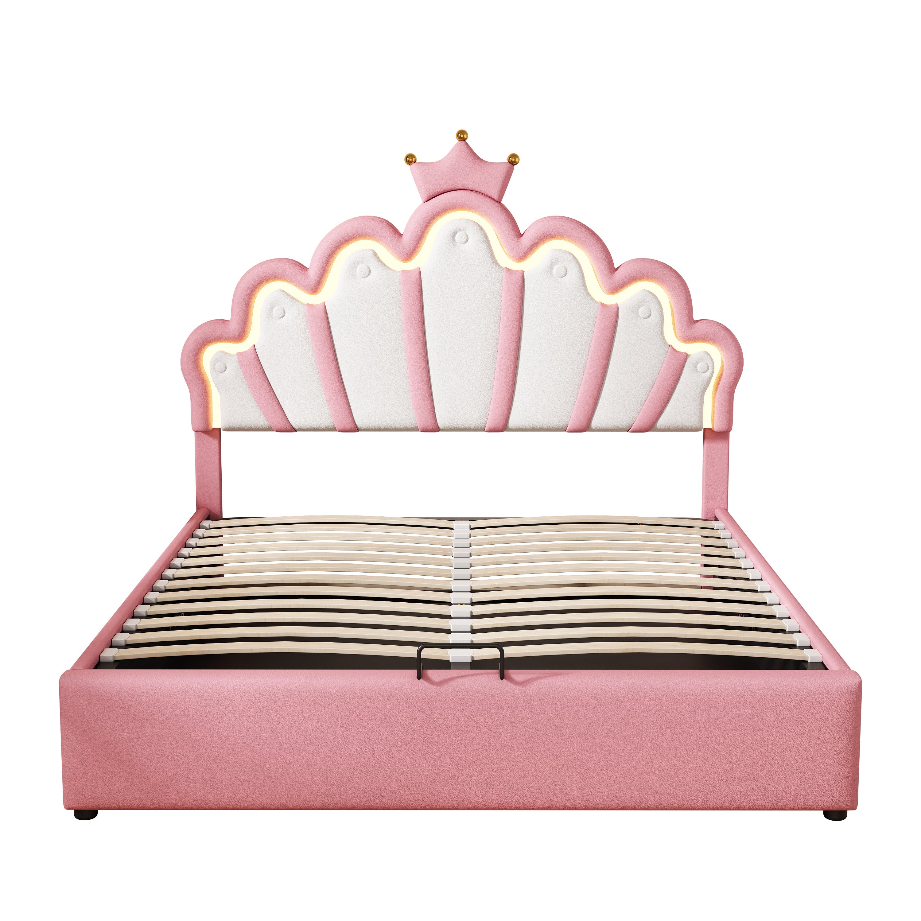 Princess Upholstered Bed 140x200cm Adjustable LED Crown Rail - Pink