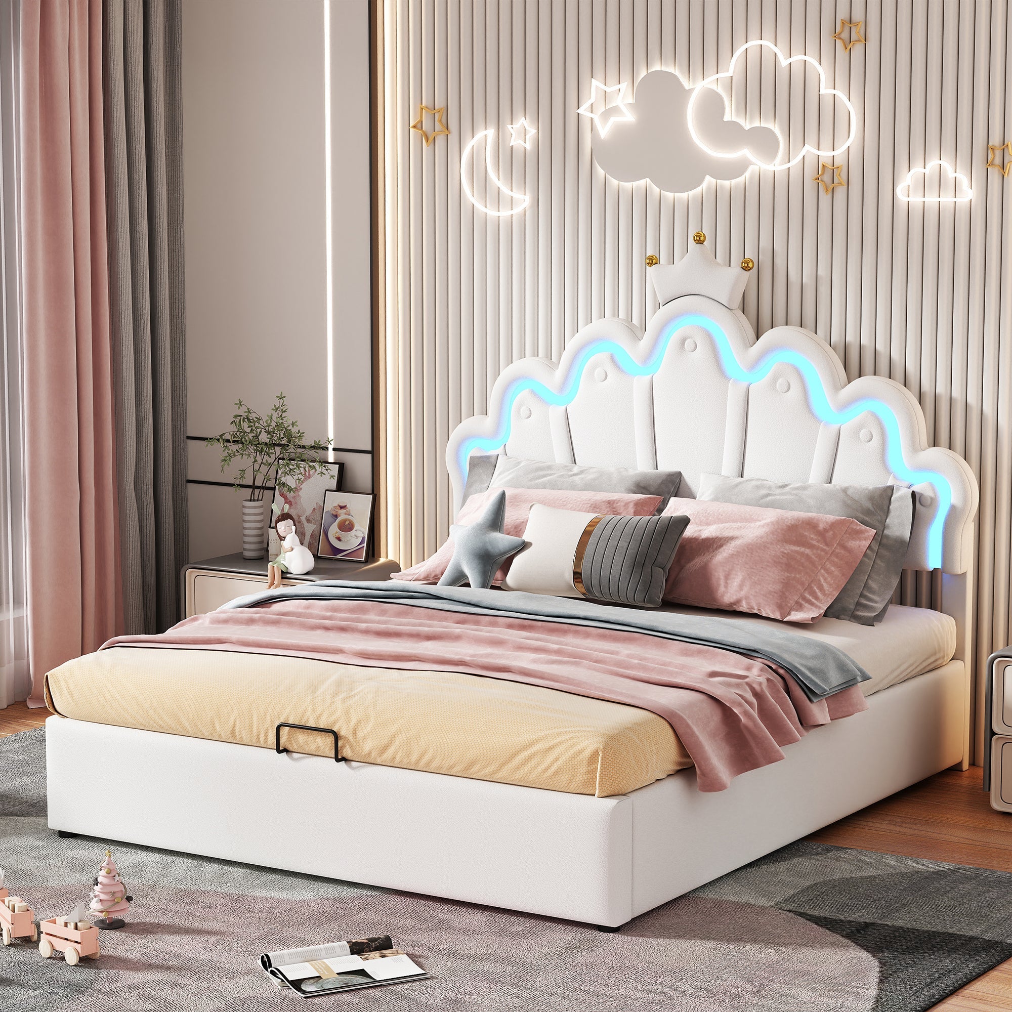 Princess Upholstered Bed 140x200cm Adjustable LED Lighting Crown Rail - White