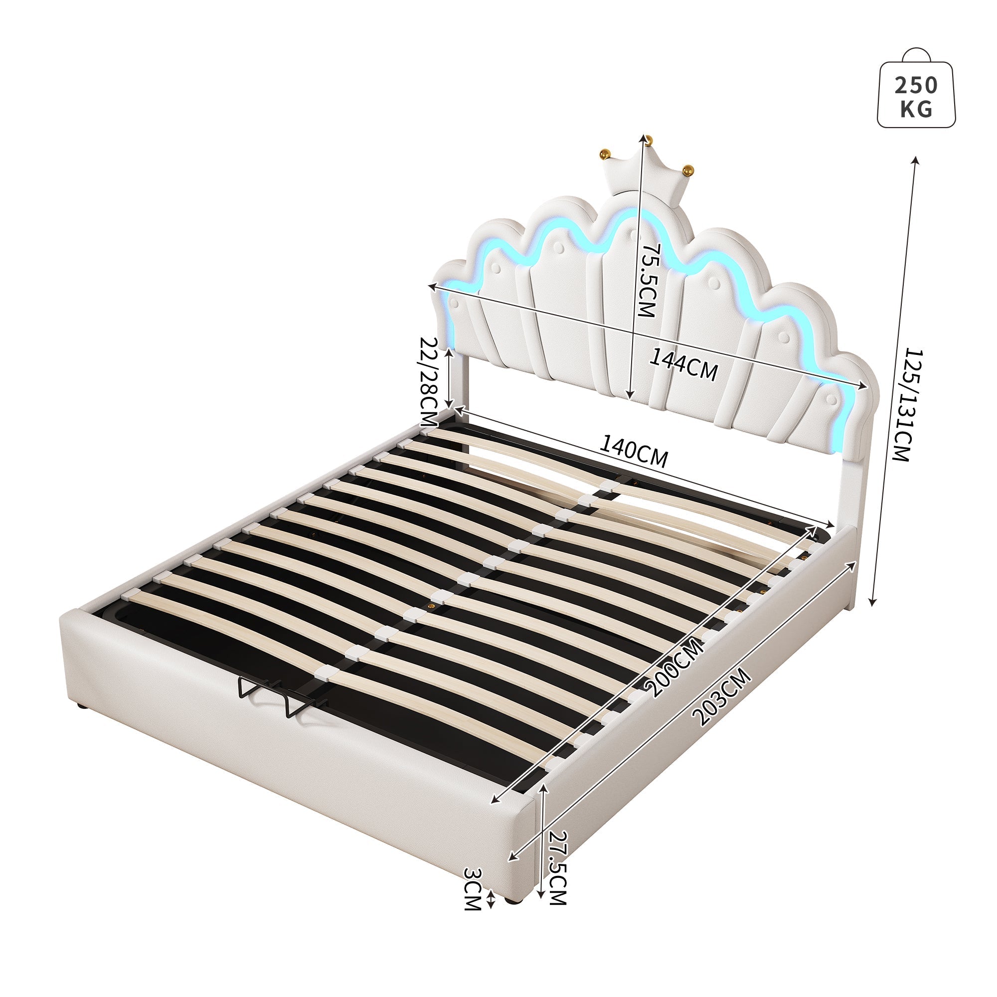 Princess Upholstered Bed 140x200cm Adjustable LED Lighting Crown Rail - White