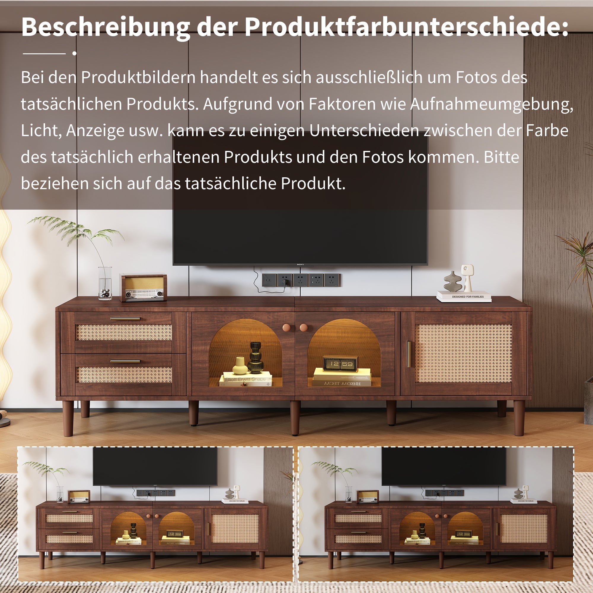 TV Cabinet, 180cm 80-inch with 2 Rattan Drawers, 2 Glass & 1 Rattan Door, LED Lighting, Brown