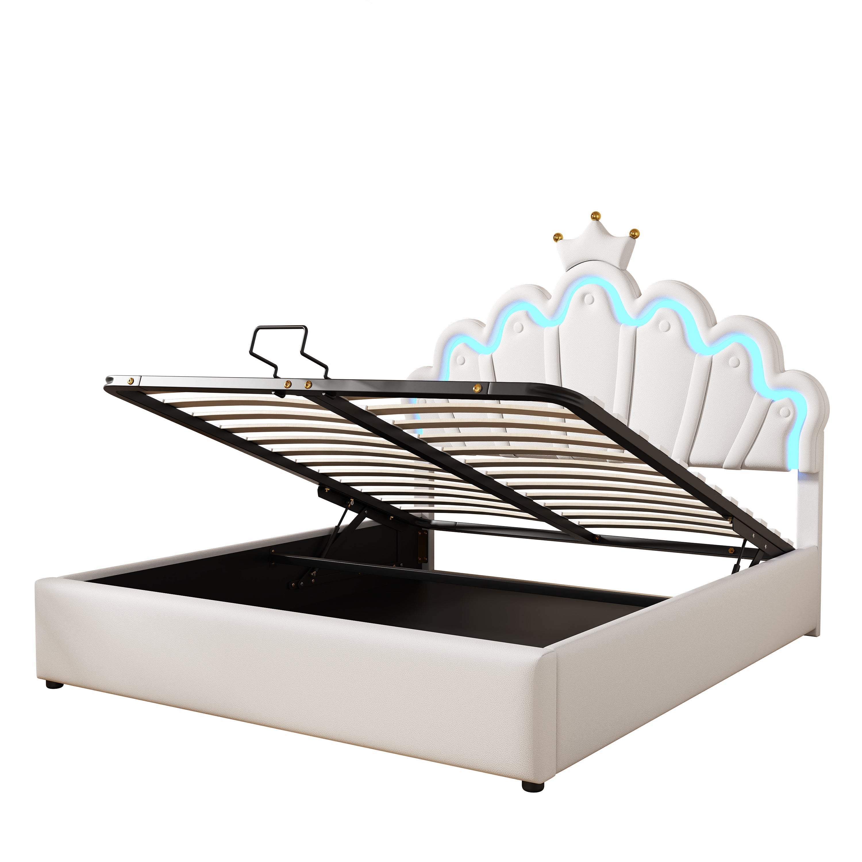 Princess Upholstered Bed 140x200cm Adjustable LED Lighting Crown Rail - White