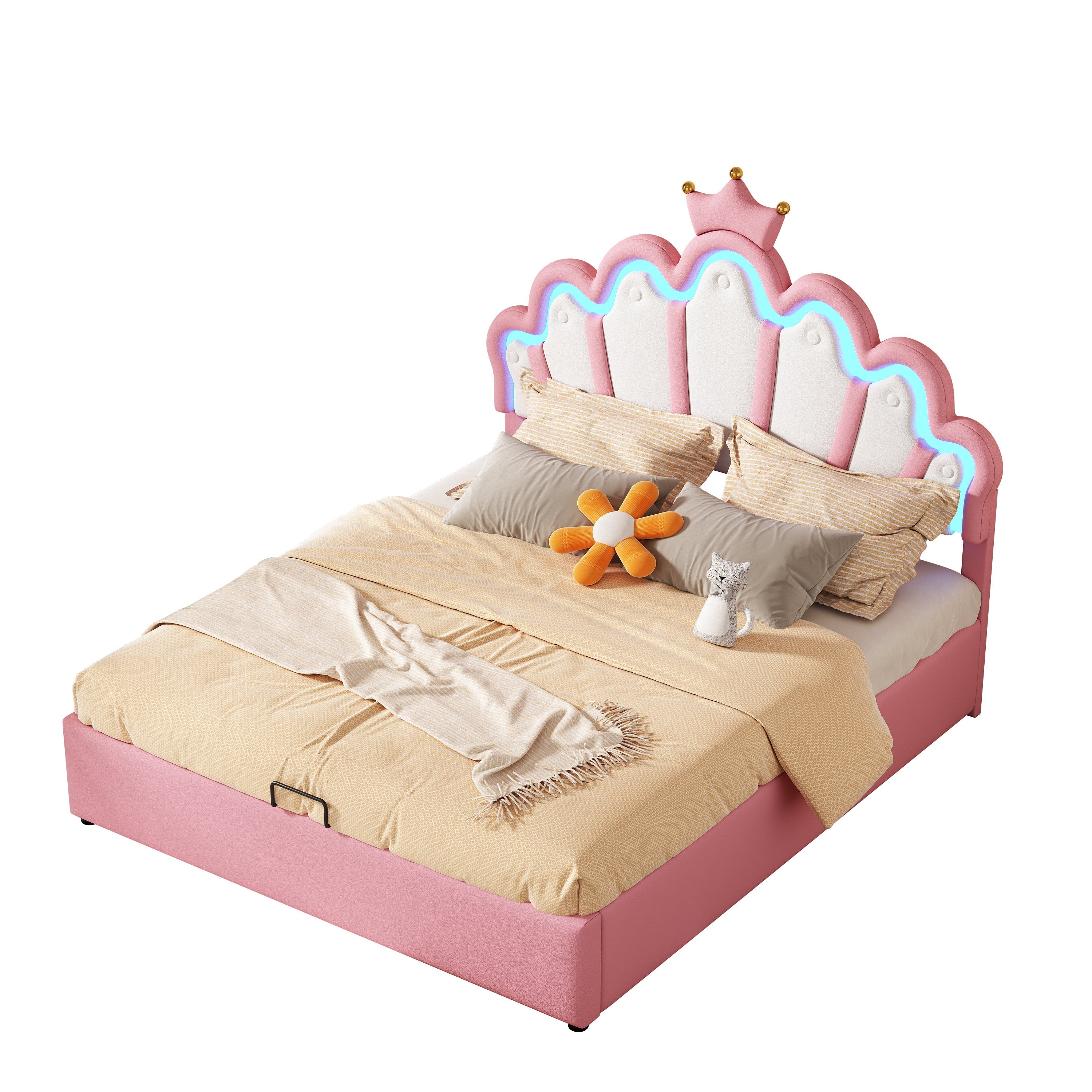 Princess Upholstered Bed 140x200cm Adjustable LED Crown Rail - Pink