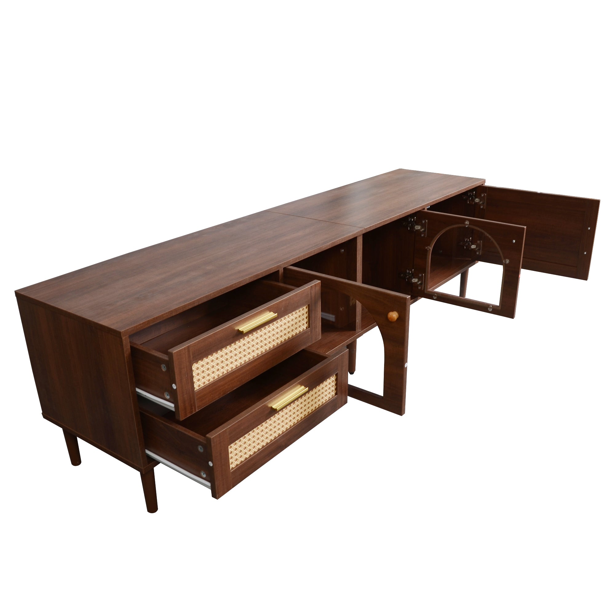 TV Cabinet, 180cm 80-inch with 2 Rattan Drawers, 2 Glass & 1 Rattan Door, LED Lighting, Brown