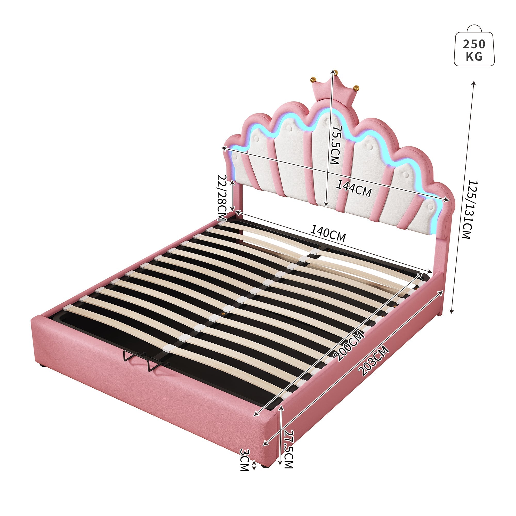 Princess Upholstered Bed 140x200cm Adjustable LED Crown Rail - Pink