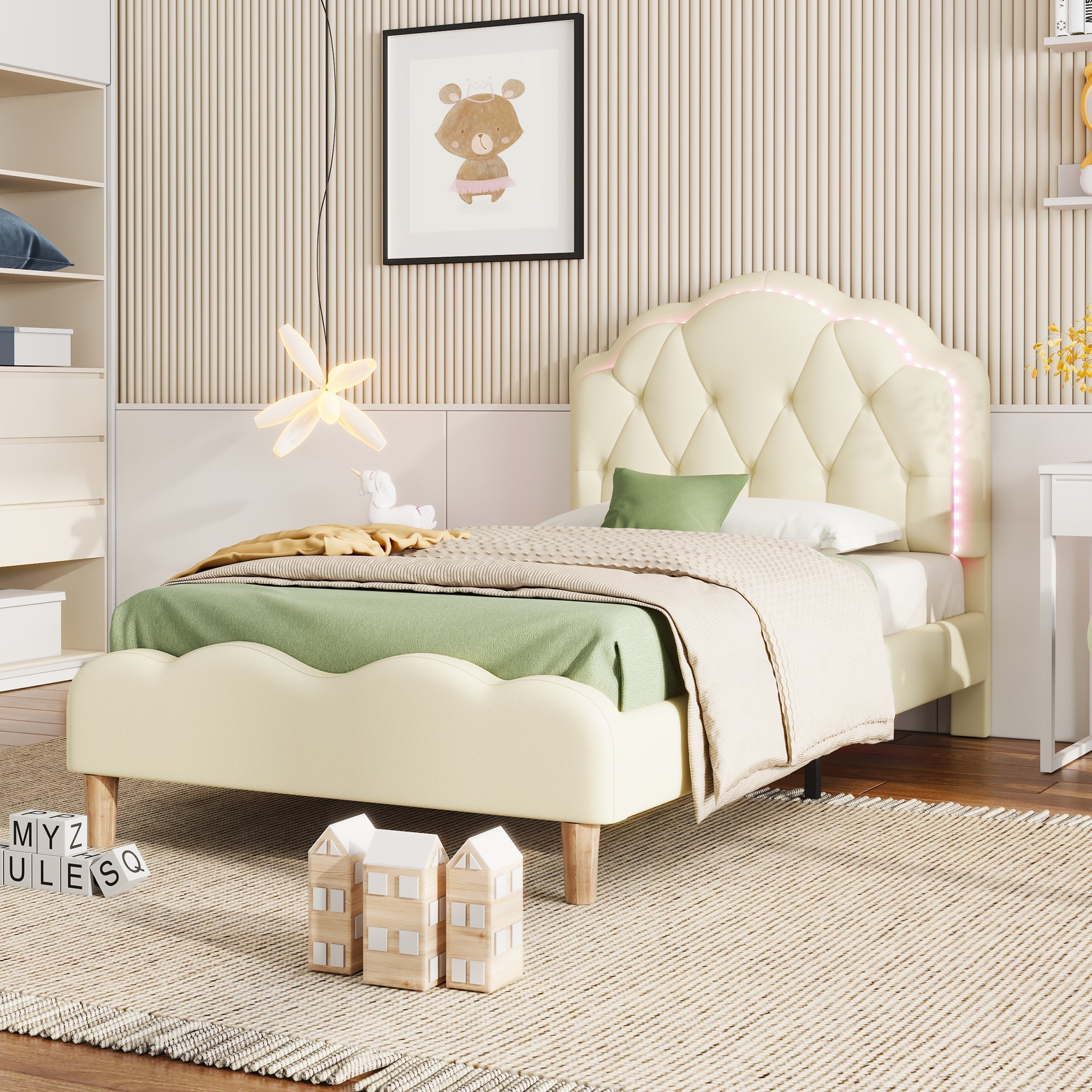 Upholstered bed, wave-shaped headboard, LED strips, wooden slats, white PU, 90x200cm
