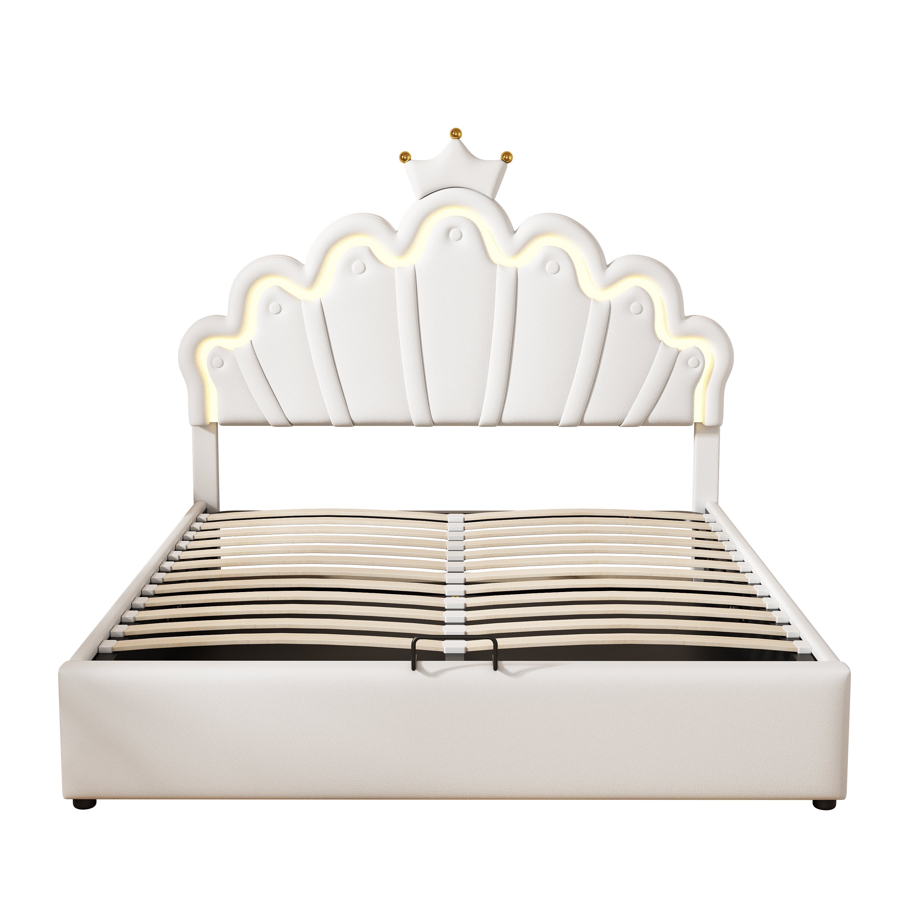 Princess Upholstered Bed 140x200cm Adjustable LED Lighting Crown Rail - White