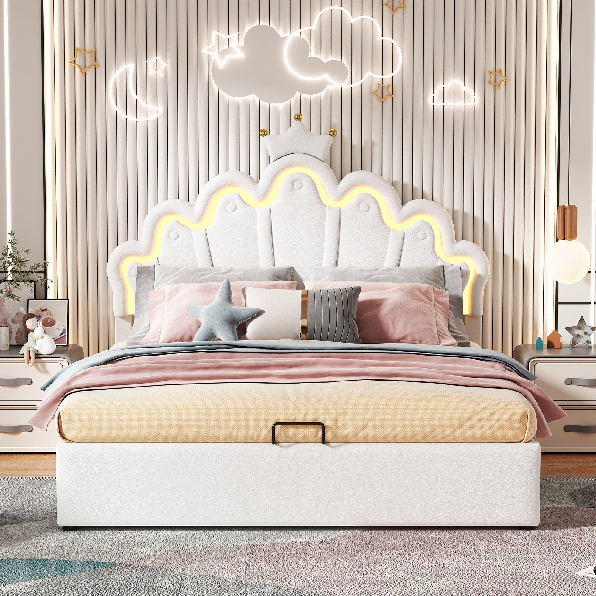 Princess Upholstered Bed 140x200cm Adjustable LED Lighting Crown Rail - White