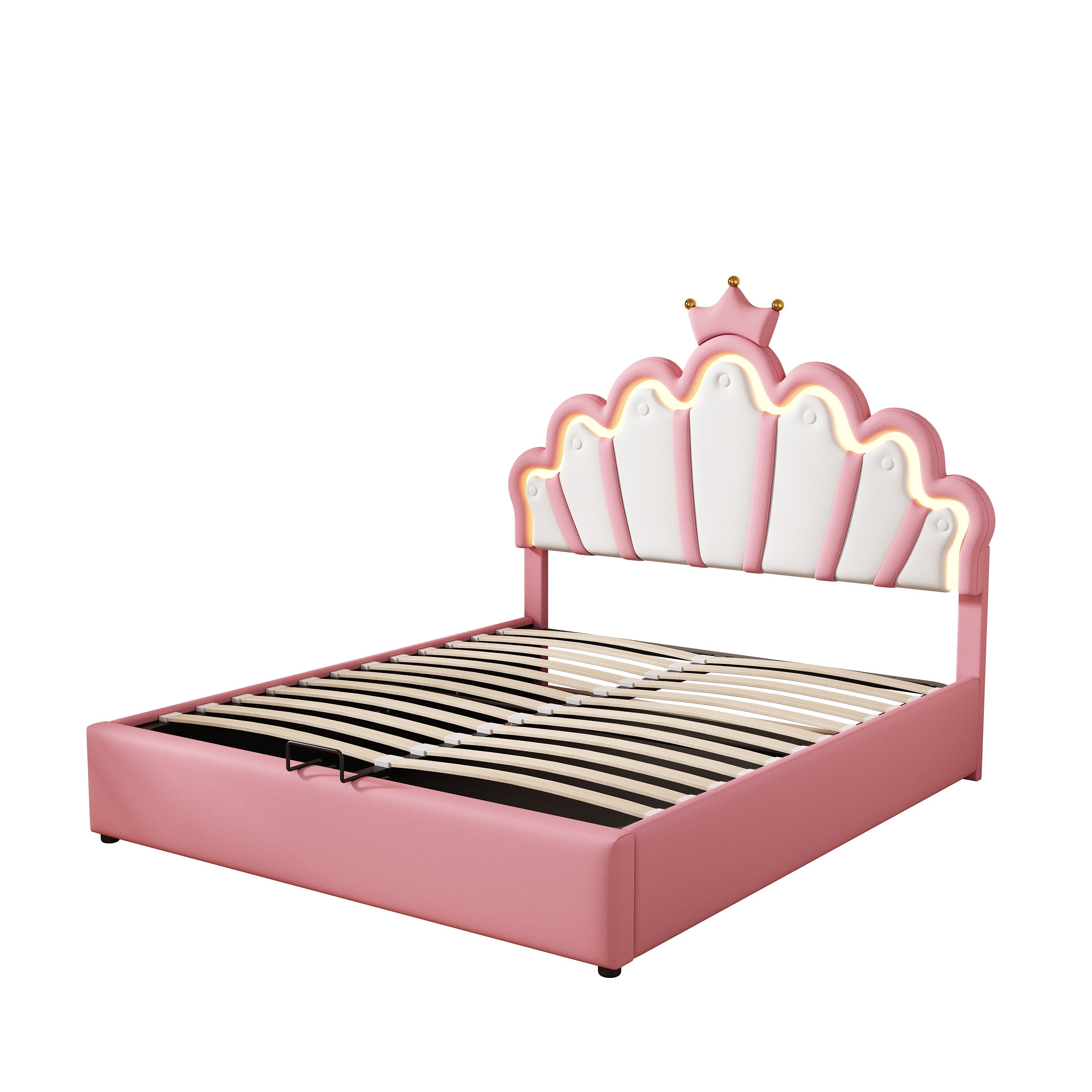 Princess Upholstered Bed 140x200cm Adjustable LED Crown Rail - Pink