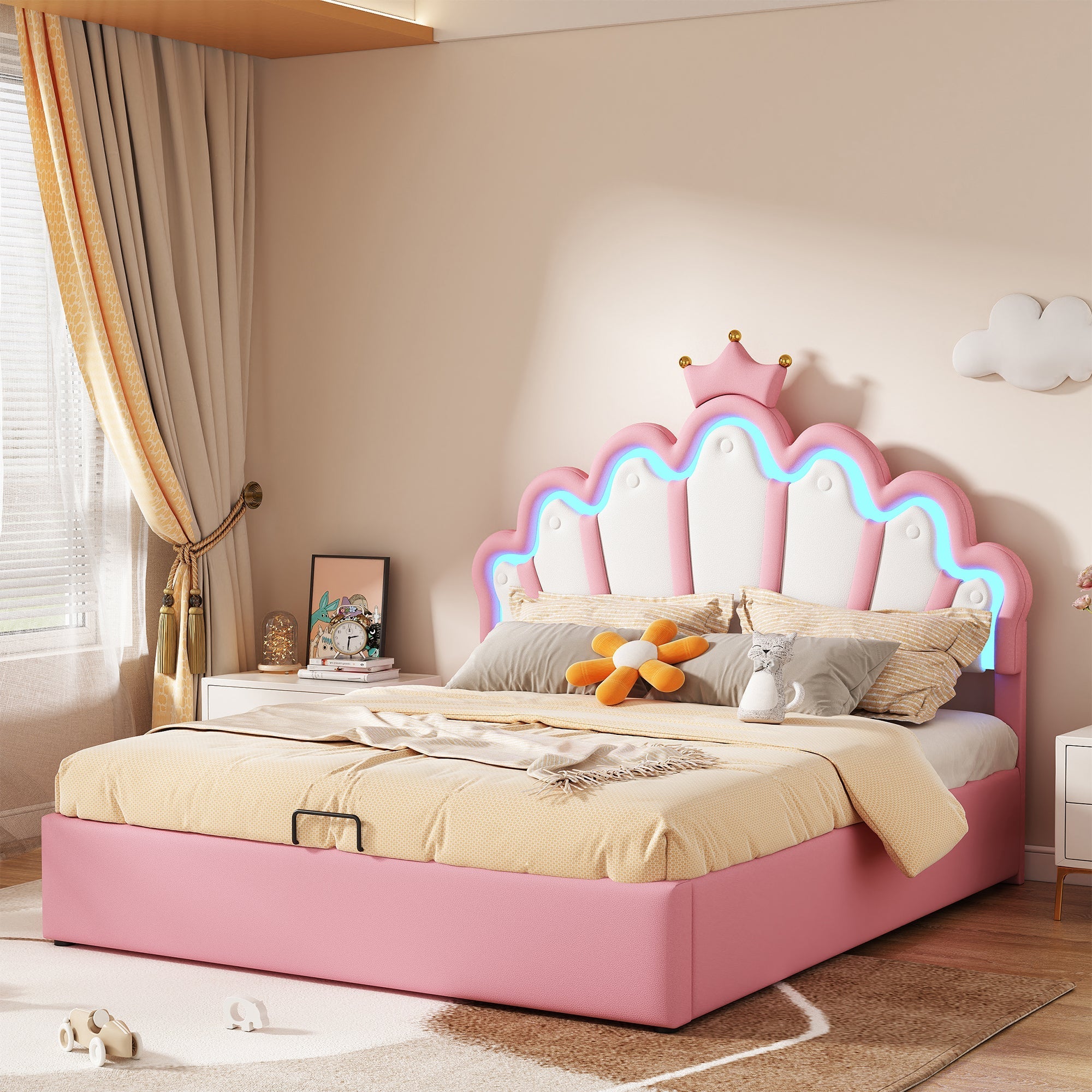 Princess Upholstered Bed 140x200cm Adjustable LED Crown Rail - Pink