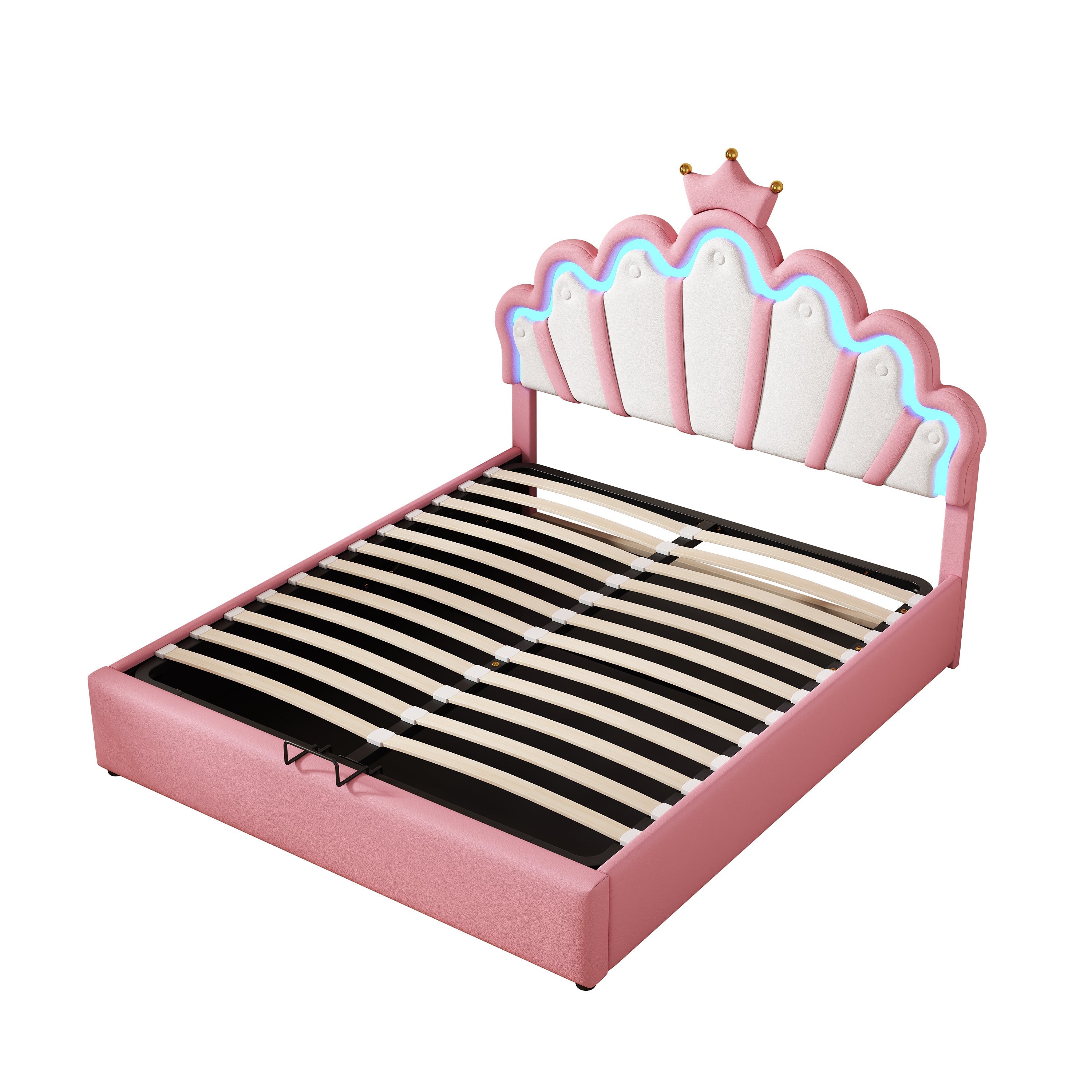 Princess Upholstered Bed 140x200cm Adjustable LED Crown Rail - Pink