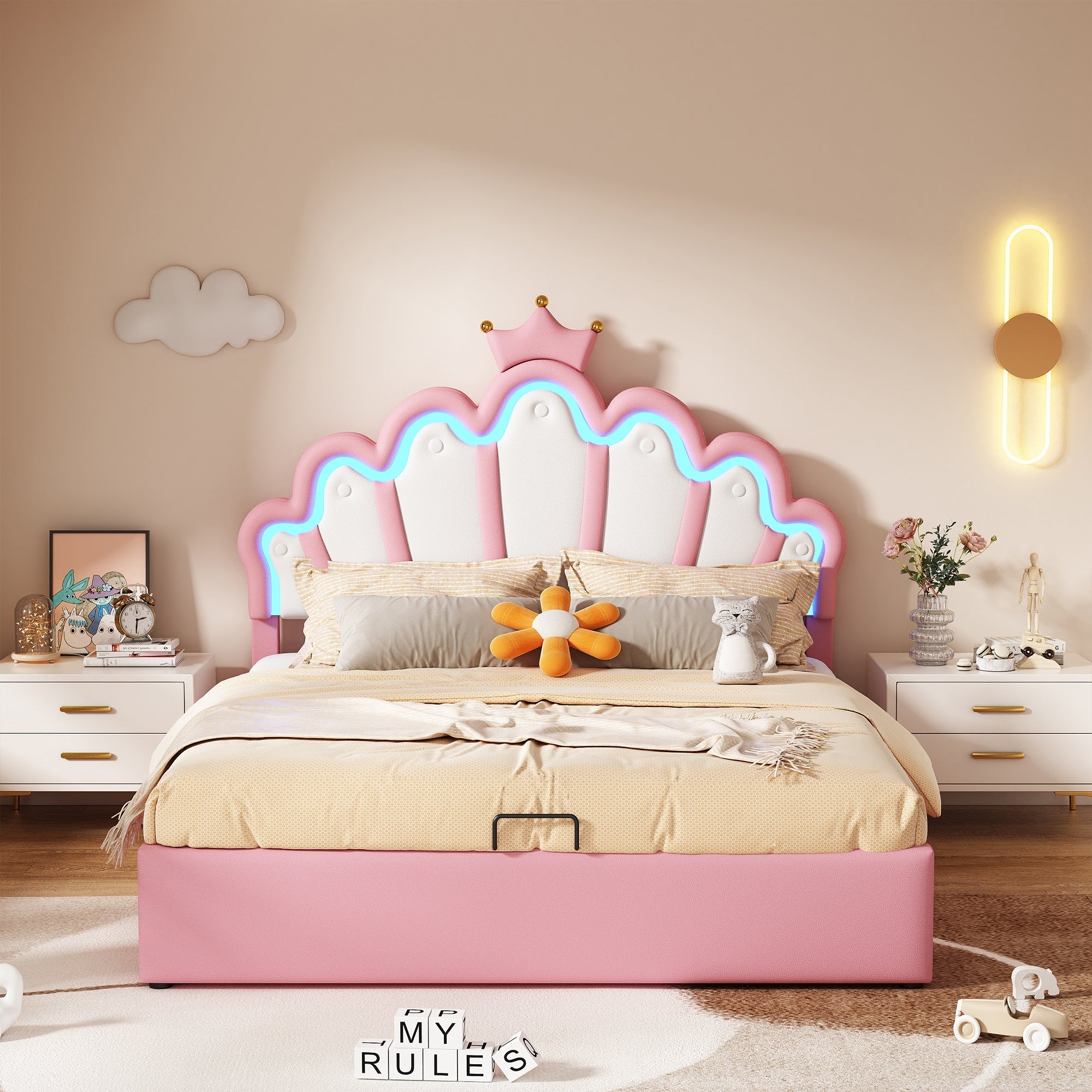 Princess Upholstered Bed 140x200cm Adjustable LED Crown Rail - Pink