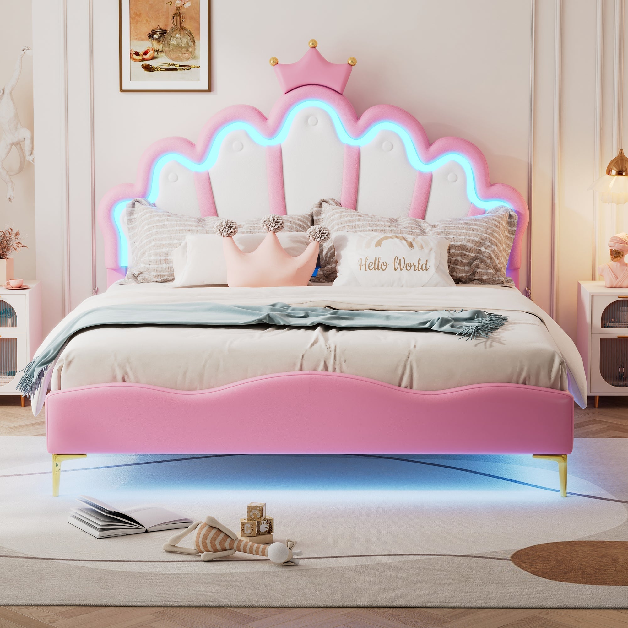 Flat Double Bed 140x200cm Crown-Shaped LED PU Leather - Pink