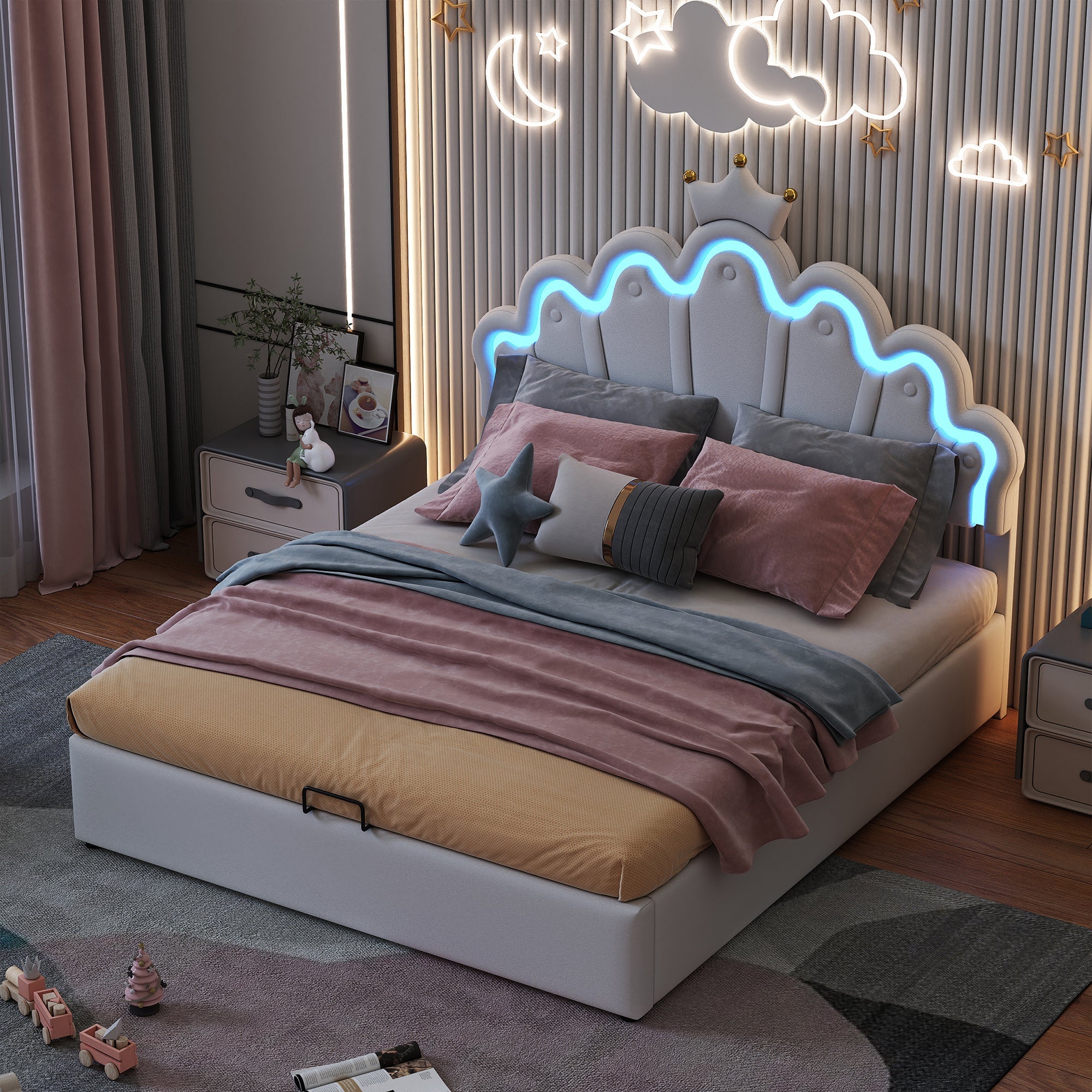 Princess Upholstered Bed 140x200cm Adjustable LED Lighting Crown Rail - White