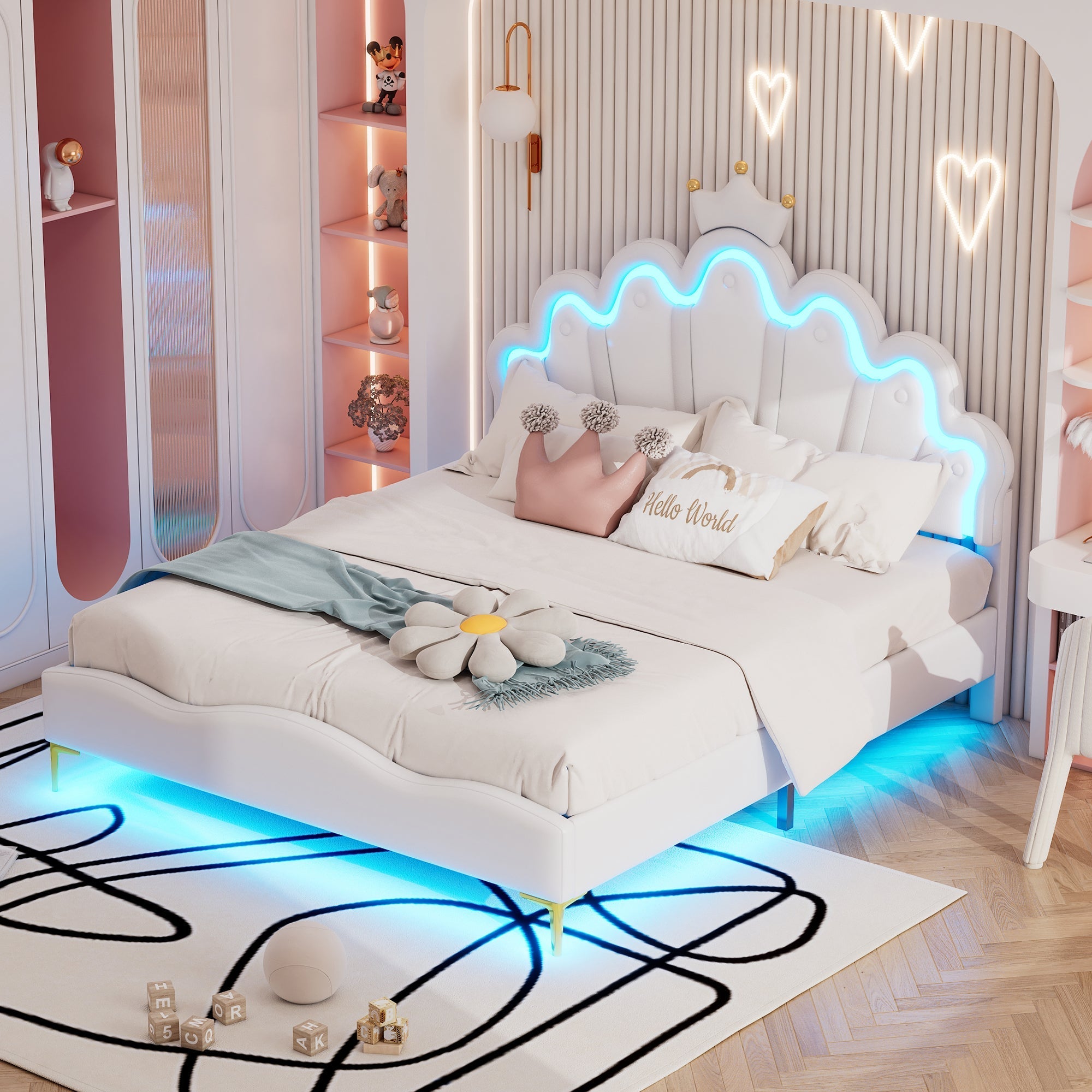 Flat Double Bed 140x200cm Crown-Shaped PU Leather Adjustable LED - White