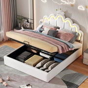 Princess Upholstered Bed 140x200cm Adjustable LED Lighting Crown Rail - White