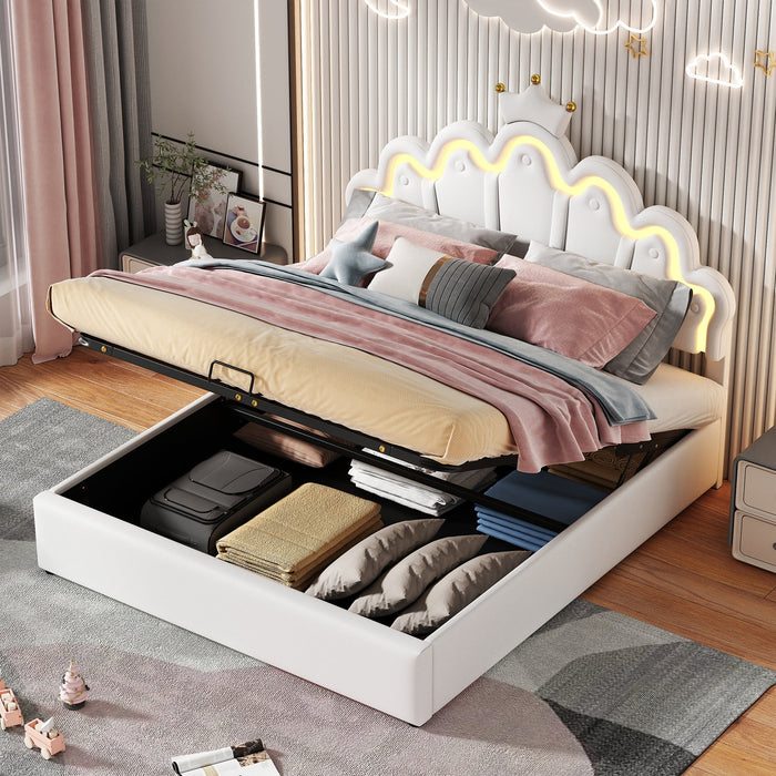 Princess Upholstered Bed 140x200cm Adjustable LED Lighting Crown Rail - White