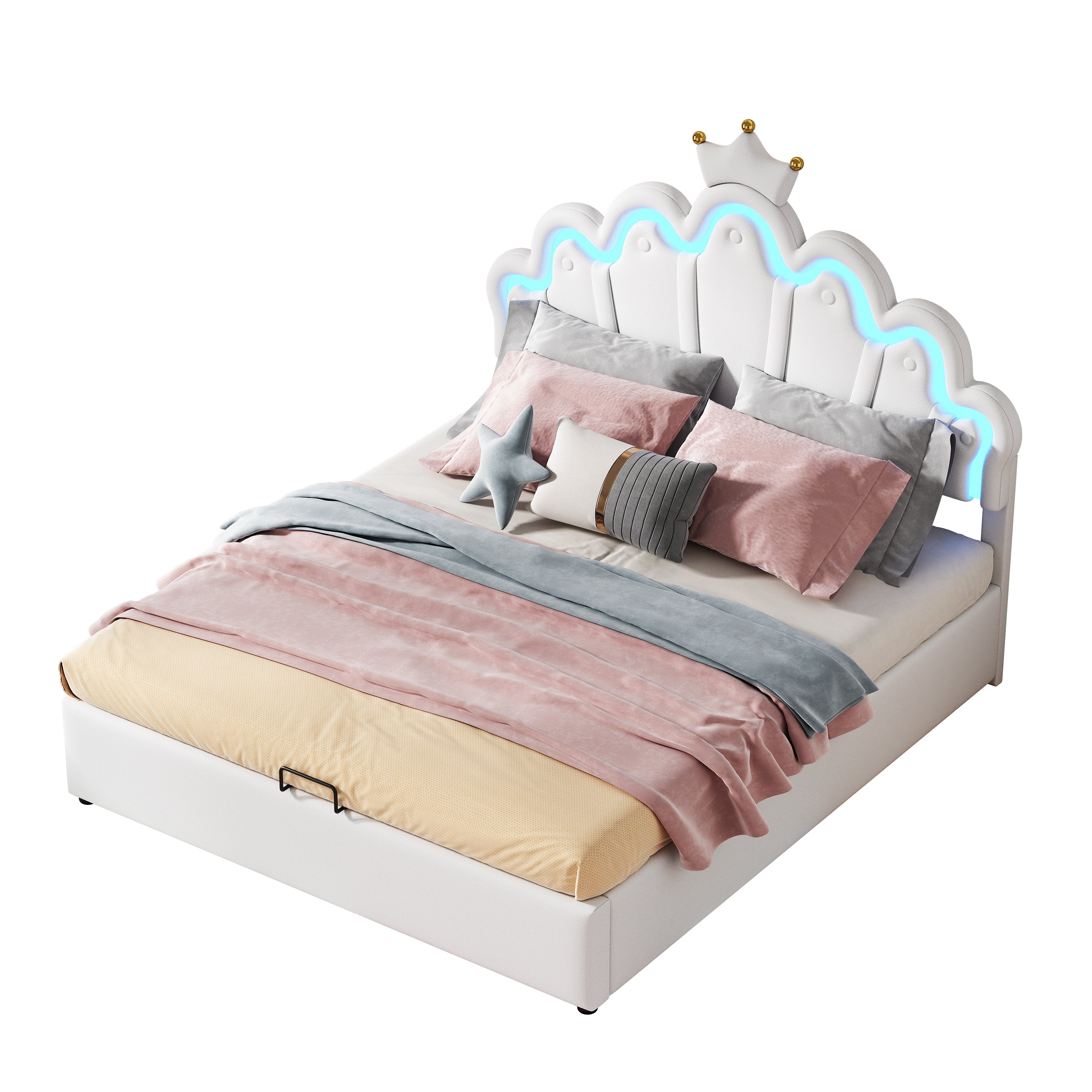 Princess Upholstered Bed 140x200cm Adjustable LED Lighting Crown Rail - White