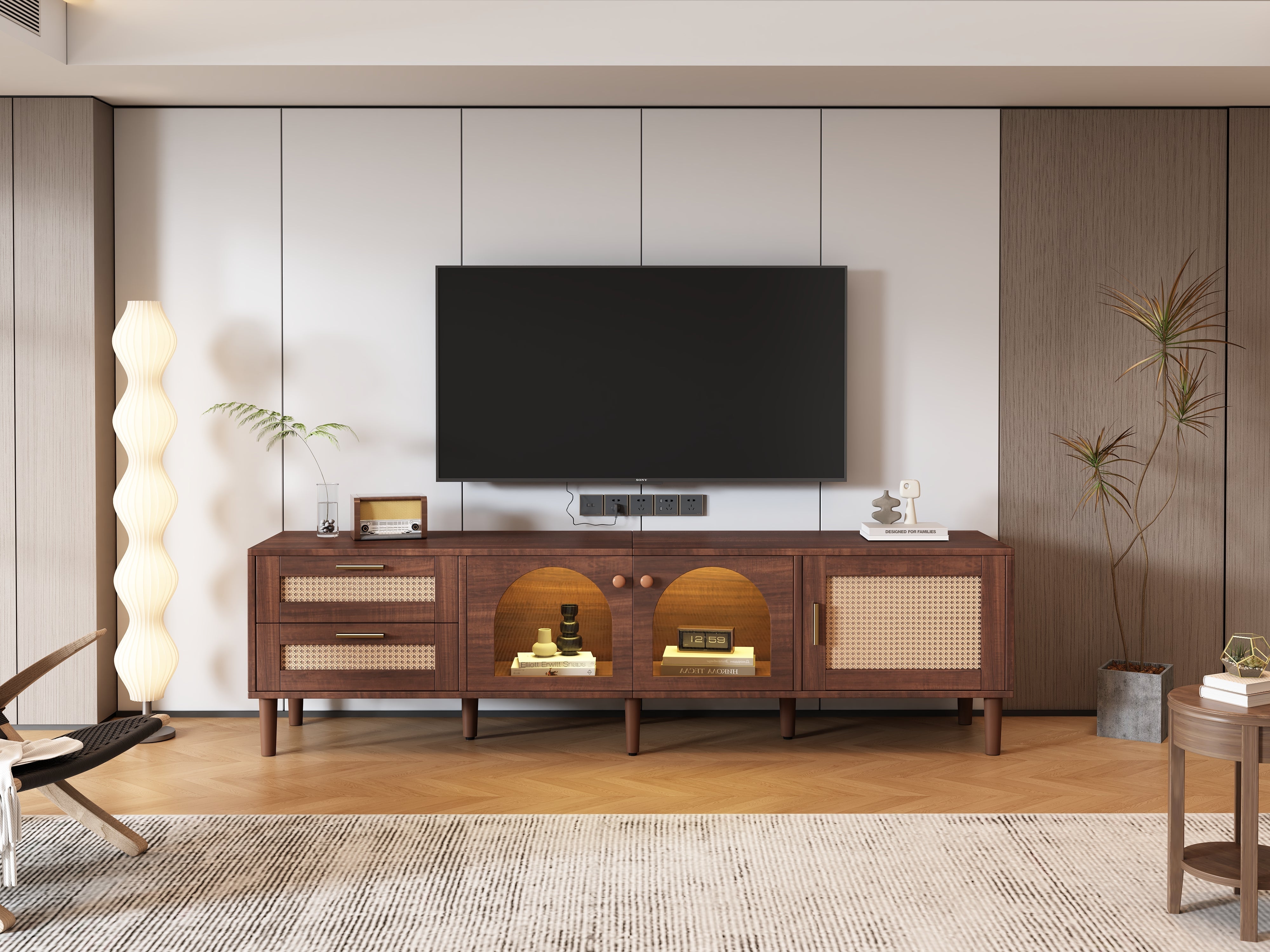 TV Cabinet, 180cm 80-inch with 2 Rattan Drawers, 2 Glass & 1 Rattan Door, LED Lighting, Brown