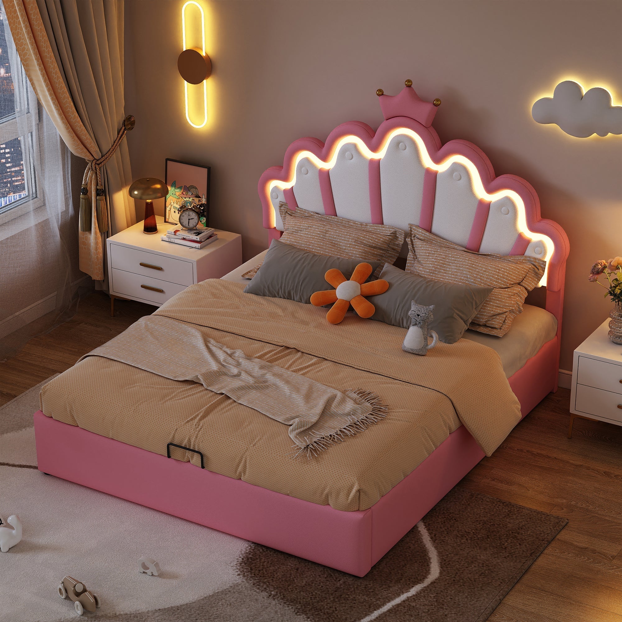 Princess Upholstered Bed 140x200cm Adjustable LED Crown Rail - Pink