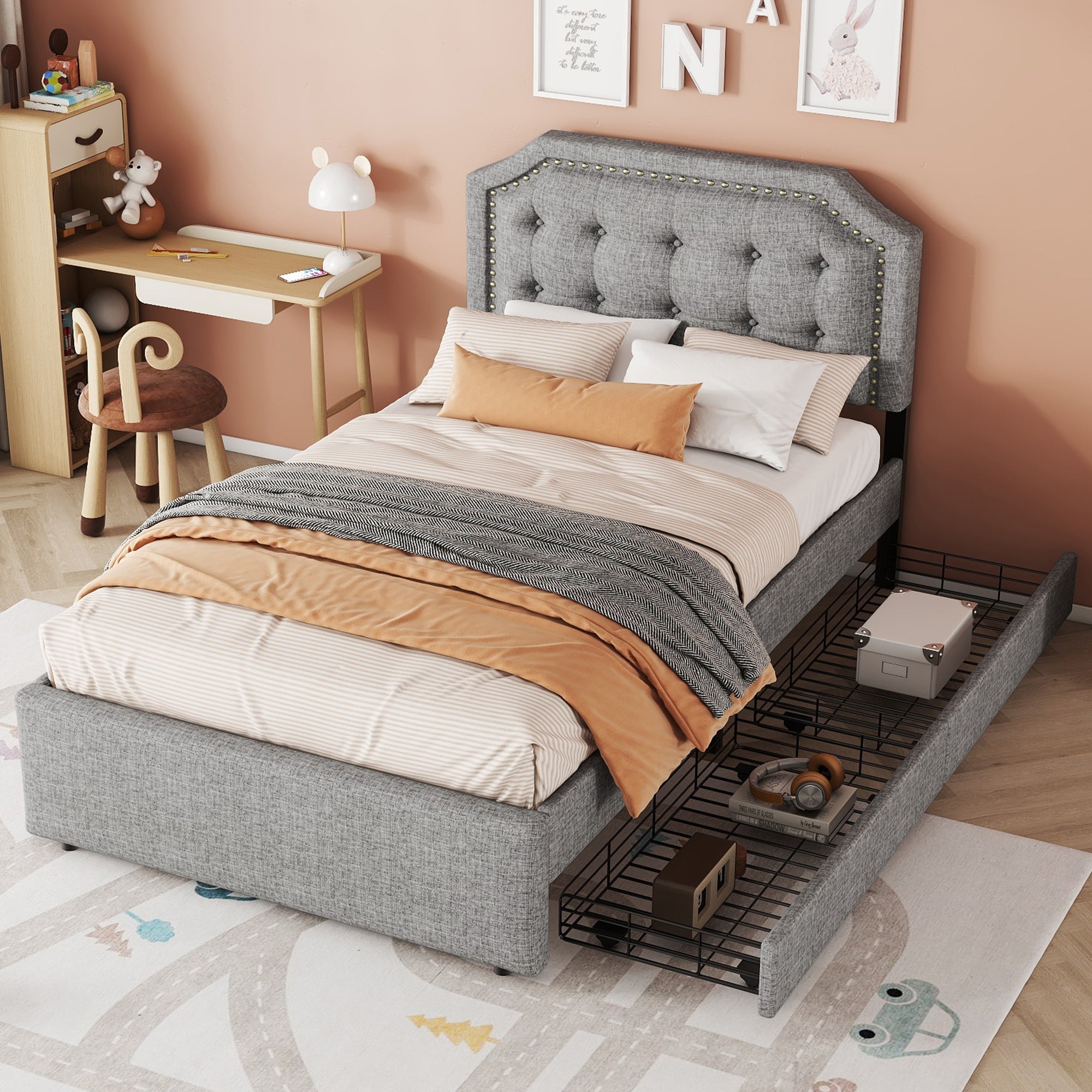 Upholstered Flat Bed 90x200cm Decorative Studs Double Drawers - Grey