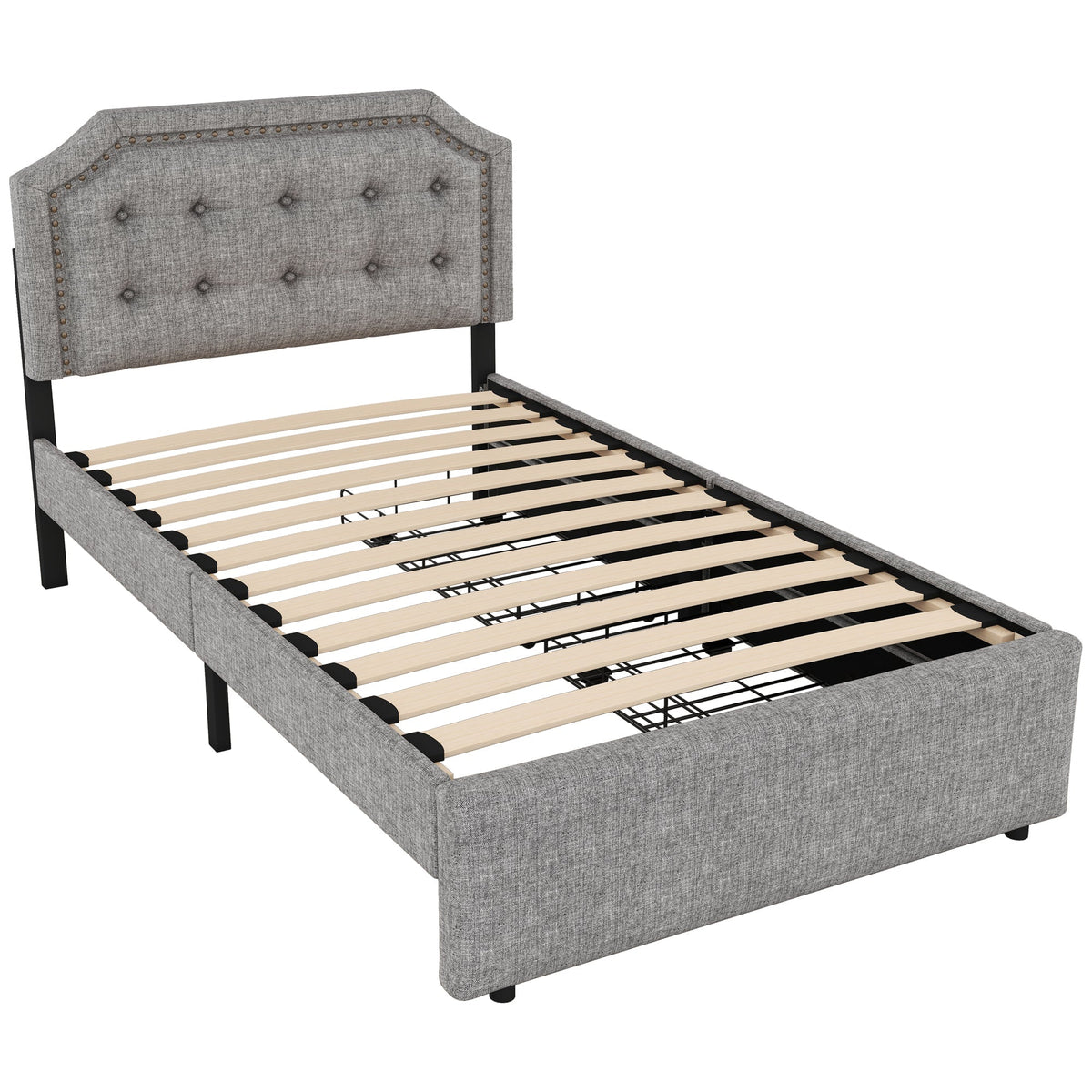Upholstered Flat Bed 90x200cm Decorative Studs Double Drawers - Grey