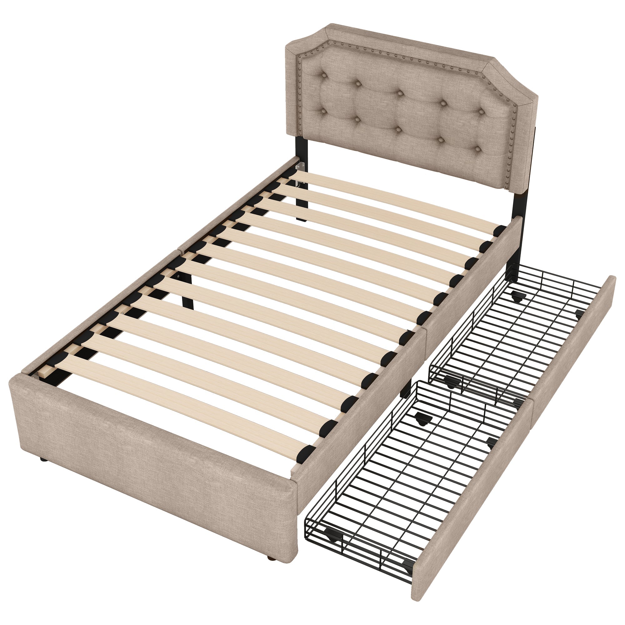 Upholstered Bed 90x200cm Flat Double Drawers Decorative Studs Dark Beige