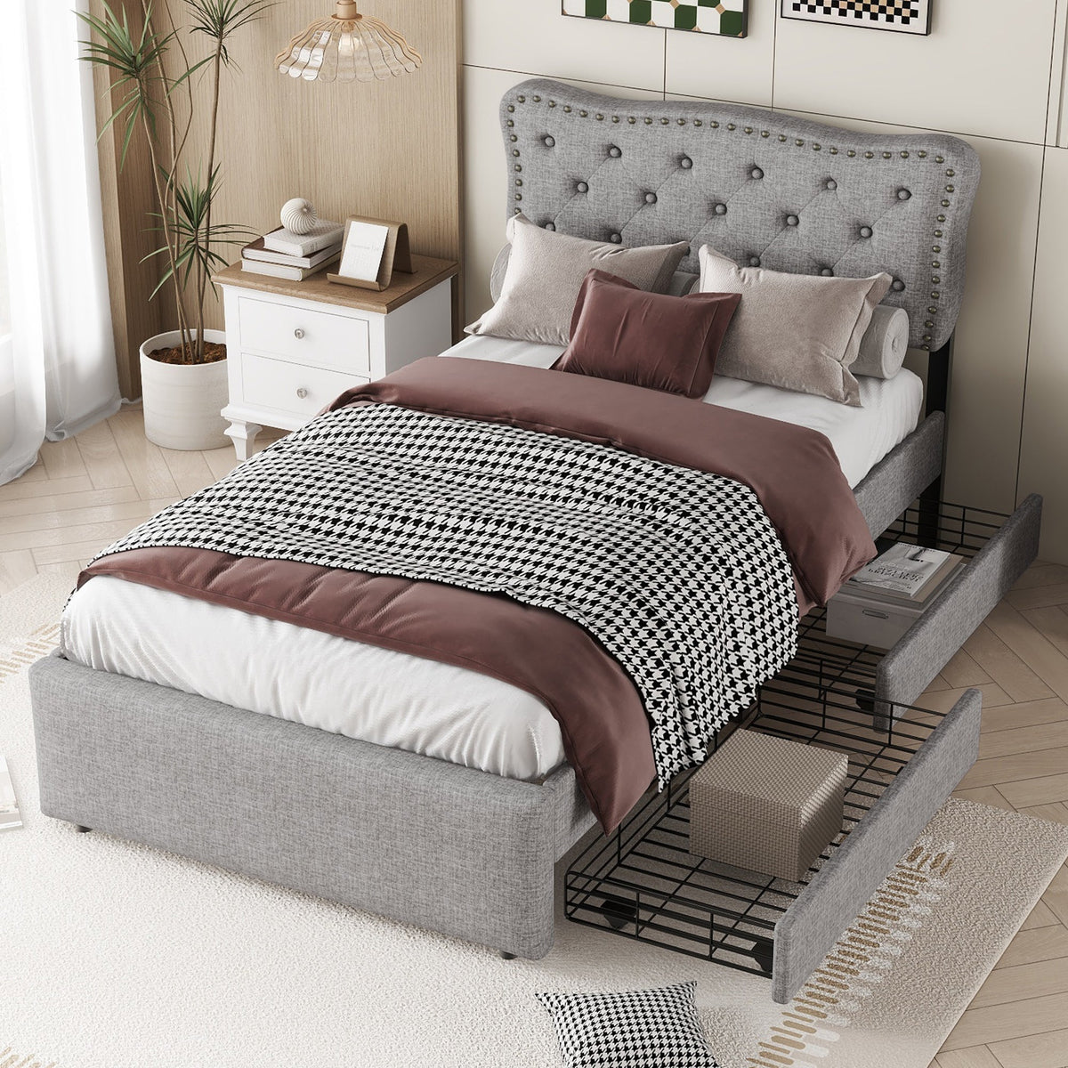 Upholstered Flat Bed 90x200cm Decorative Studs Double Drawers - Grey