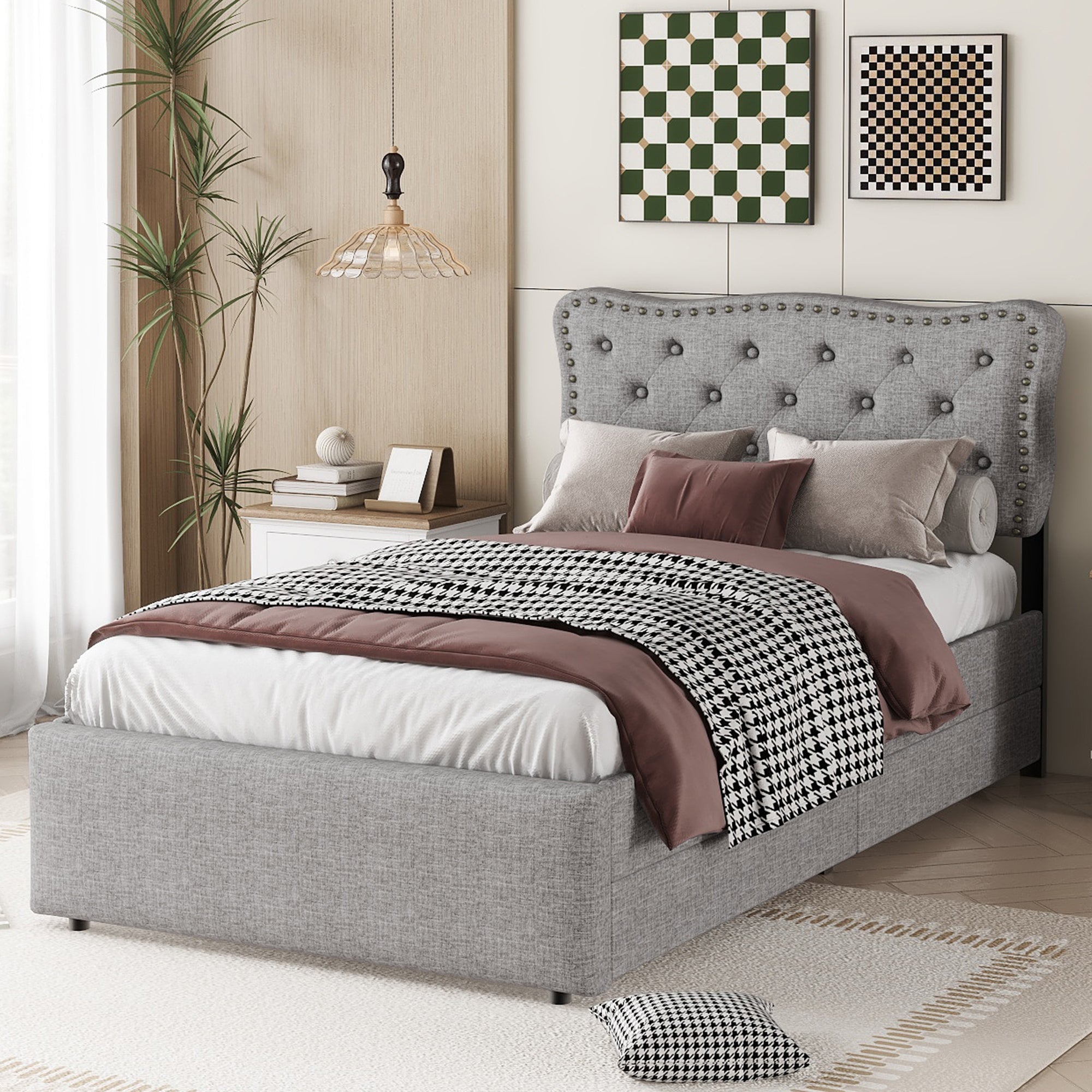 Upholstered Flat Bed 90x200cm Decorative Studs Double Drawers - Grey