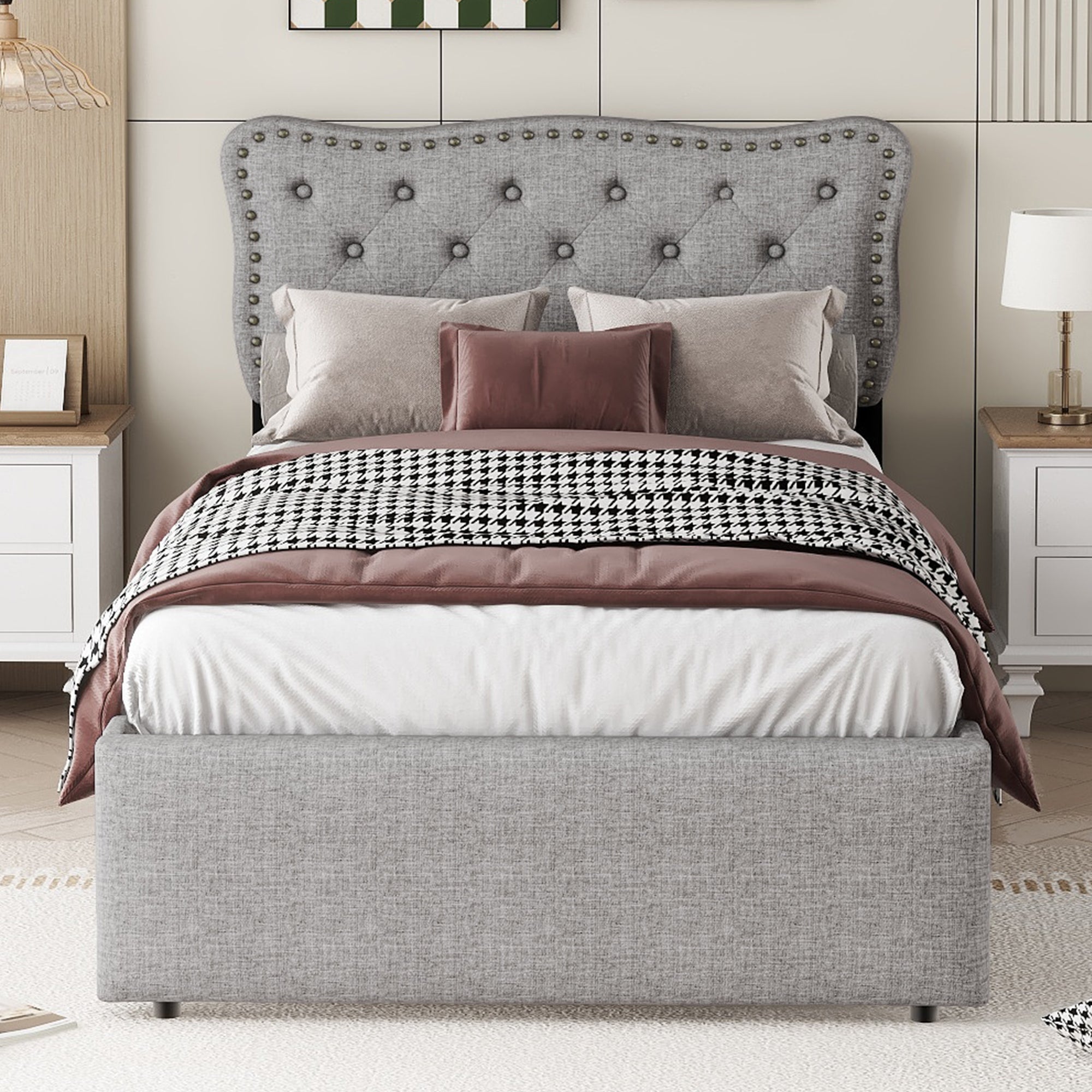 Upholstered Flat Bed 90x200cm Decorative Studs Double Drawers - Grey