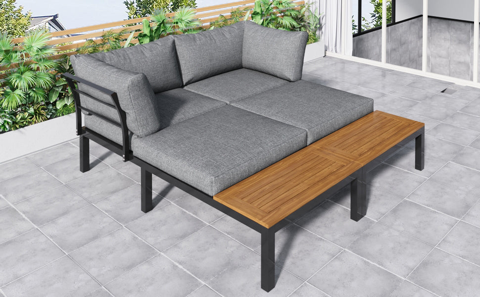 Garden Lounge Set 5-Piece Acacia Wood Table Fabric Backrest - Grey