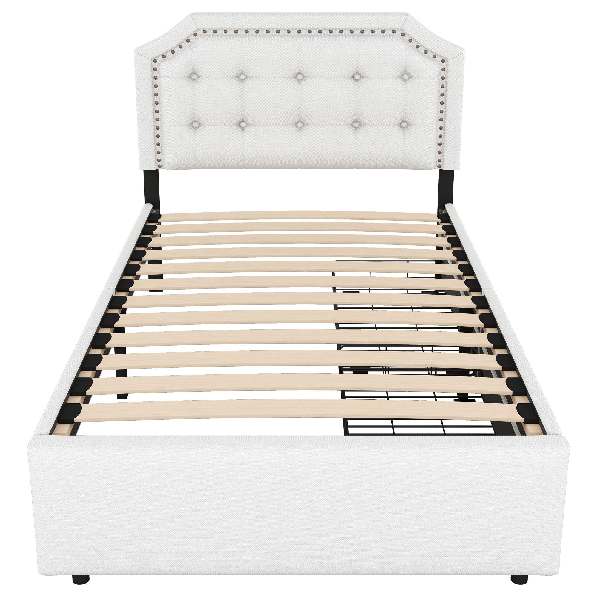 Upholstered Flat Bed 90x200cm Decorative Studs Double Drawers Light Beige