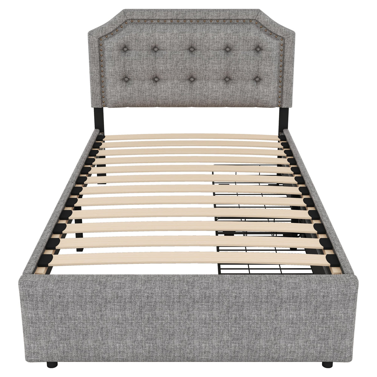 Upholstered Flat Bed 90x200cm Decorative Studs Double Drawers - Grey